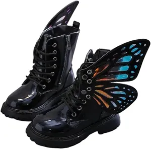 Girls Butterfly Leather Boots | Winter, Non-slip, Casual Booties | Detachable Wings, Colorful, Chic Black Boots