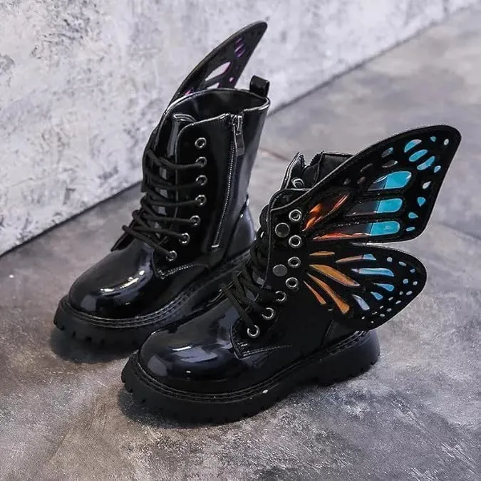 Girls Butterfly Leather Boots | Winter, Non-slip, Casual Booties | Detachable Wings, Colorful, Chic Black Boots