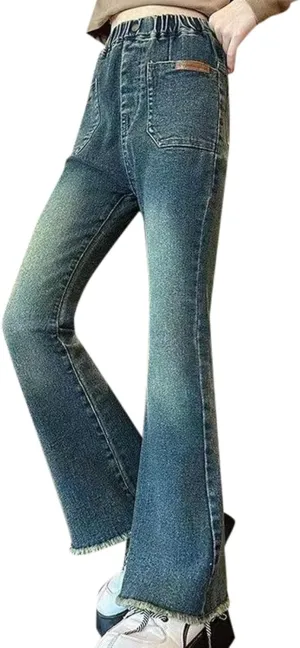 Girls Casual Denim Bootcut Pants High Waisted Wide Leg Flare Jeans Streetwear Denim Cargo Pants with Pocket 2025