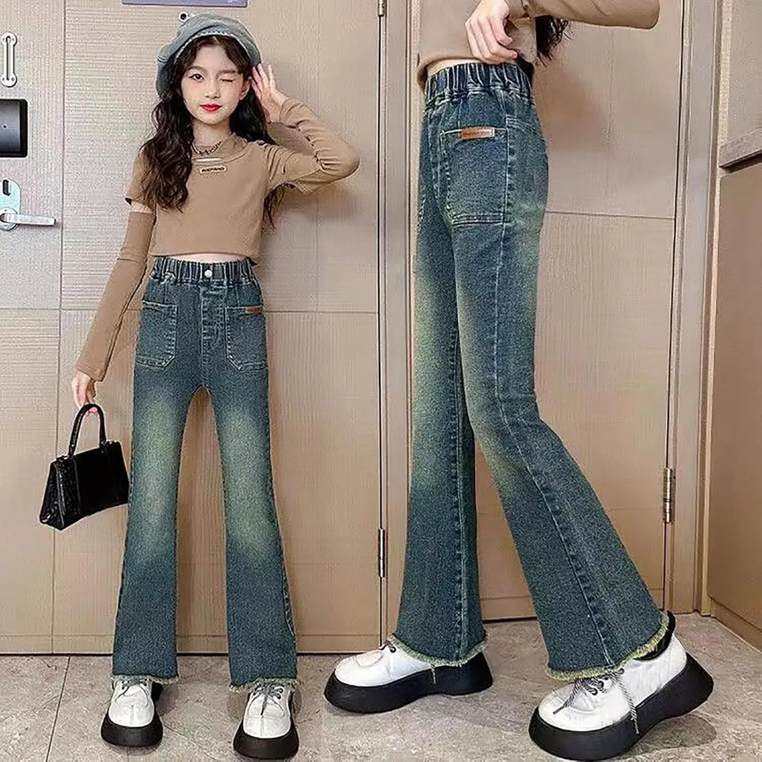 Girls Casual Denim Bootcut Pants High Waisted Wide Leg Flare Jeans Streetwear Denim Cargo Pants with Pocket 2025