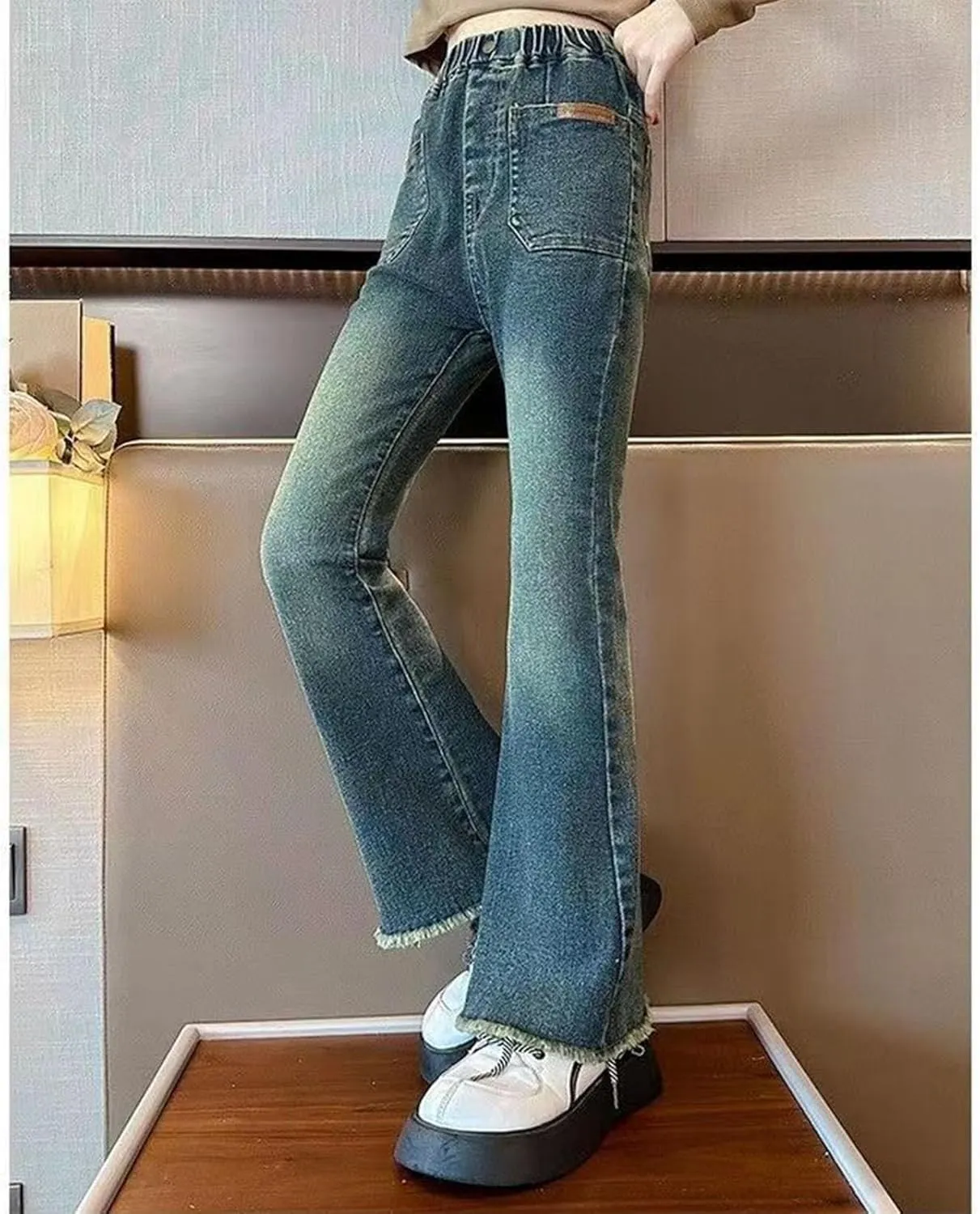 Girls Casual Denim Bootcut Pants High Waisted Wide Leg Flare Jeans Streetwear Denim Cargo Pants with Pocket 2025