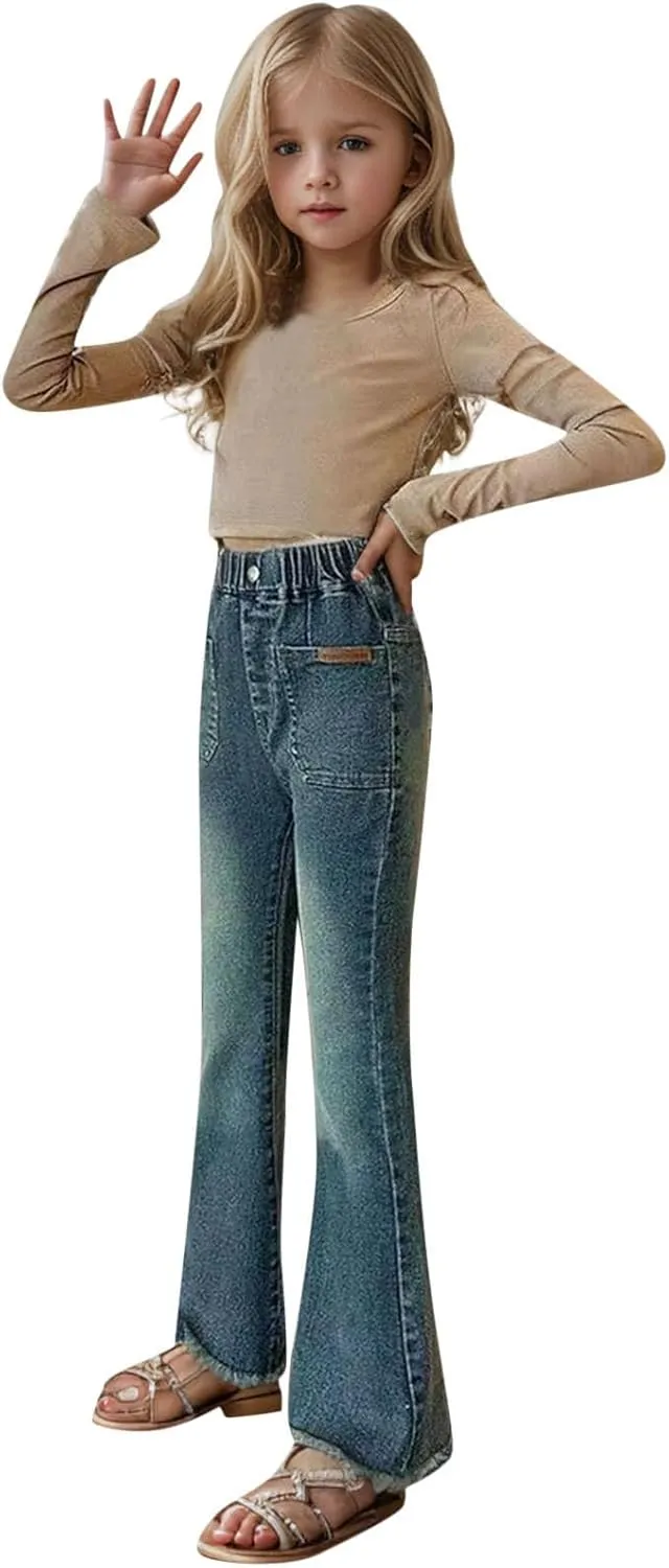Girls Casual Denim Bootcut Pants High Waisted Wide Leg Flare Jeans Streetwear Denim Cargo Pants with Pocket 2025