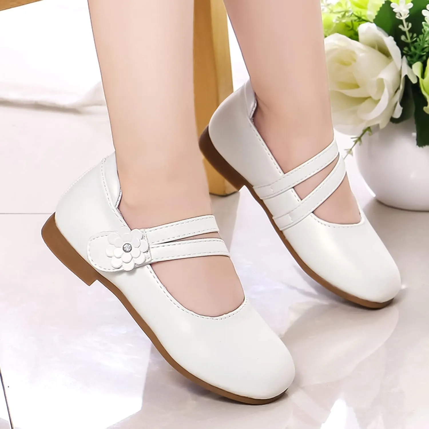 Girls Communio?? Pu Leather Dress Shoes Flower Little Kid Mary Jane Ballet Flat?? for Wedding Part?? Communio?? Shoes