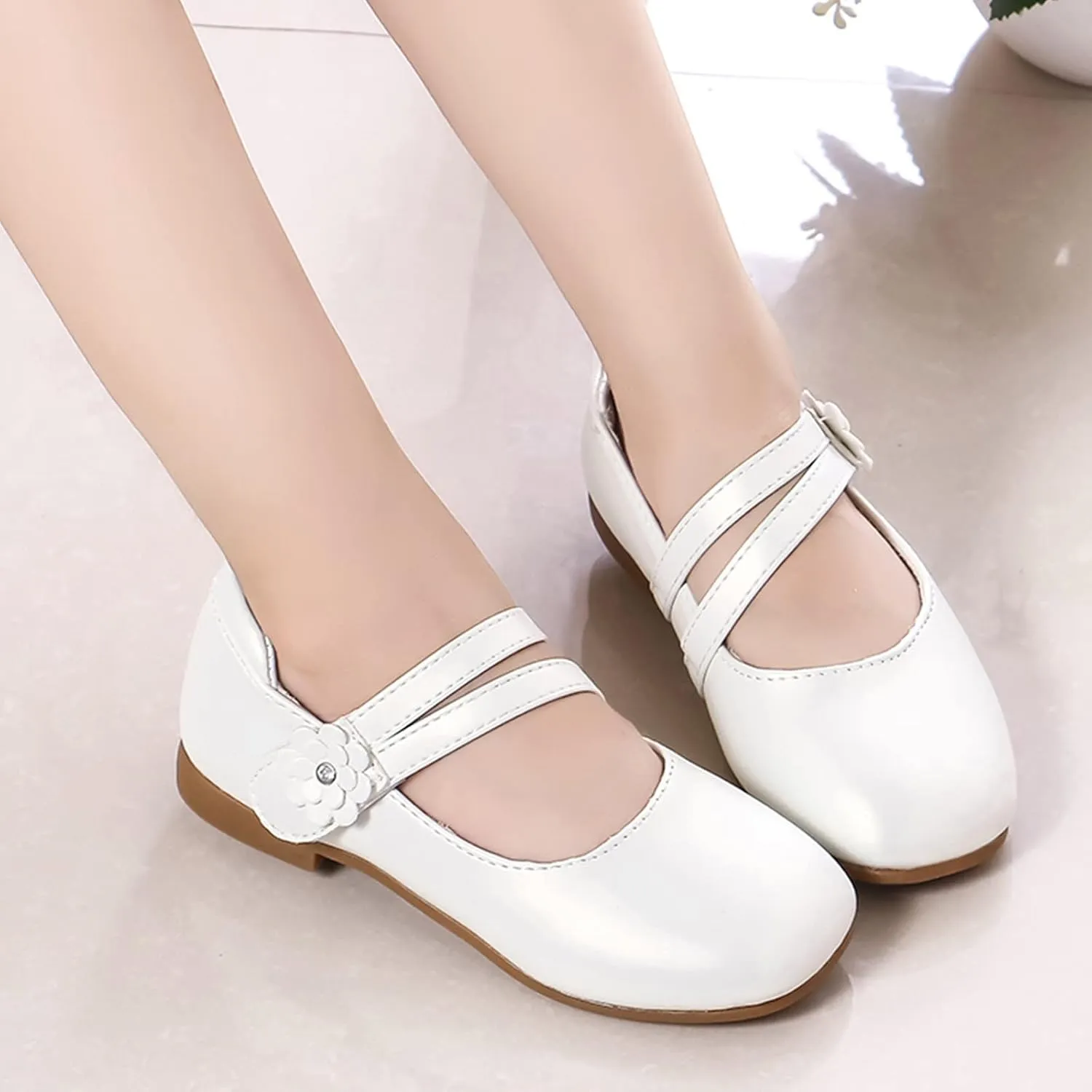 Girls Communio?? Pu Leather Dress Shoes Flower Little Kid Mary Jane Ballet Flat?? for Wedding Part?? Communio?? Shoes