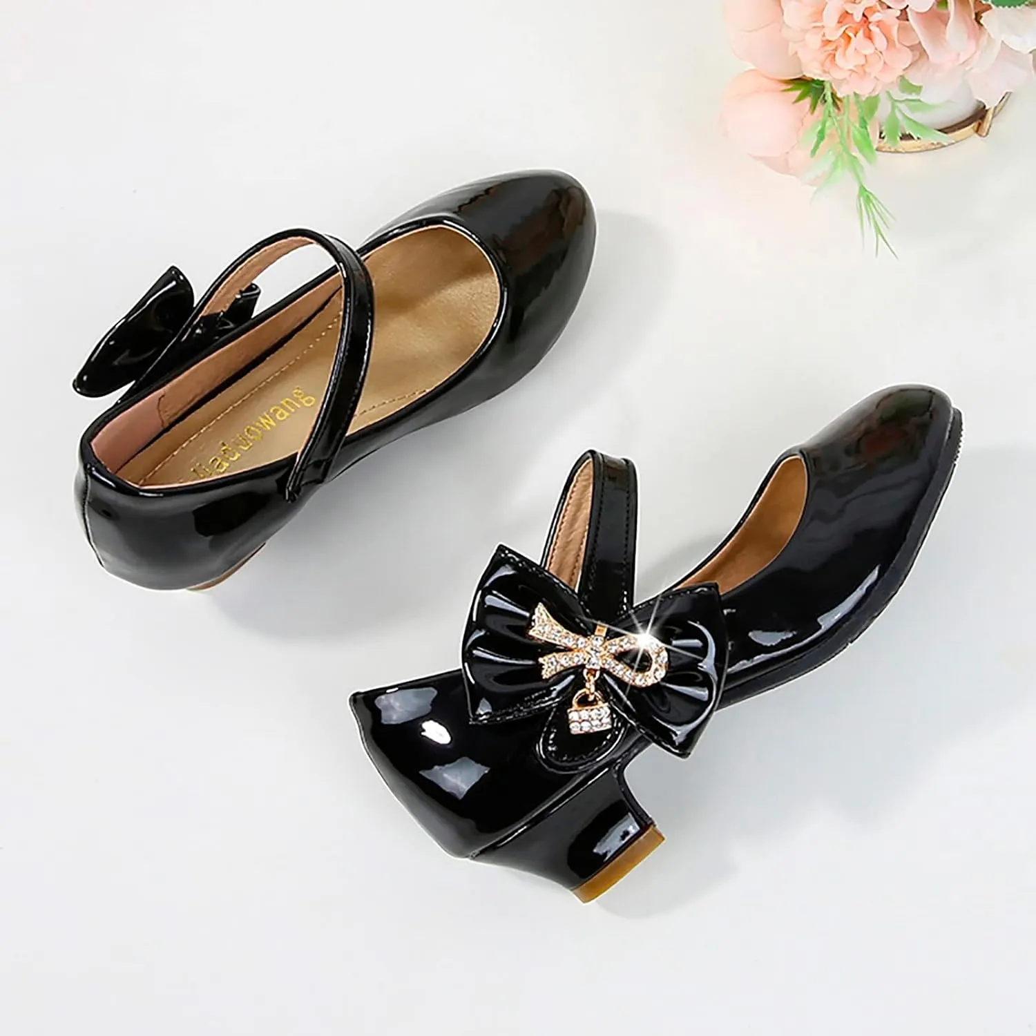 Girls Dress Shoes Pumps Mary Jane Shoes for Girls Low Heel with Bow Strap Dress Shoes for Wedding Party School