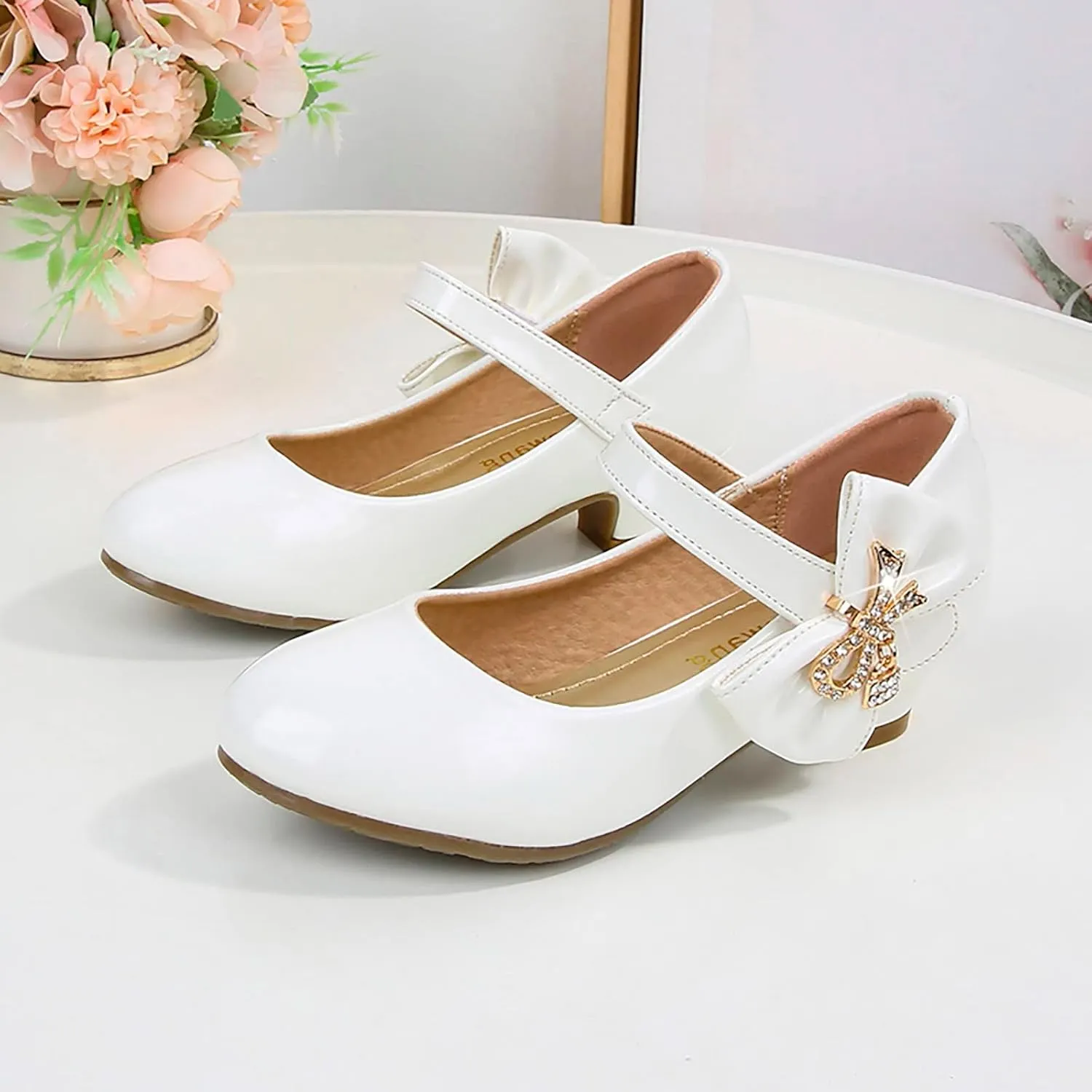 Girls Dress Shoes Pumps Mary Jane Shoes for Girls Low Heel with Bow Strap Dress Shoes for Wedding Party School