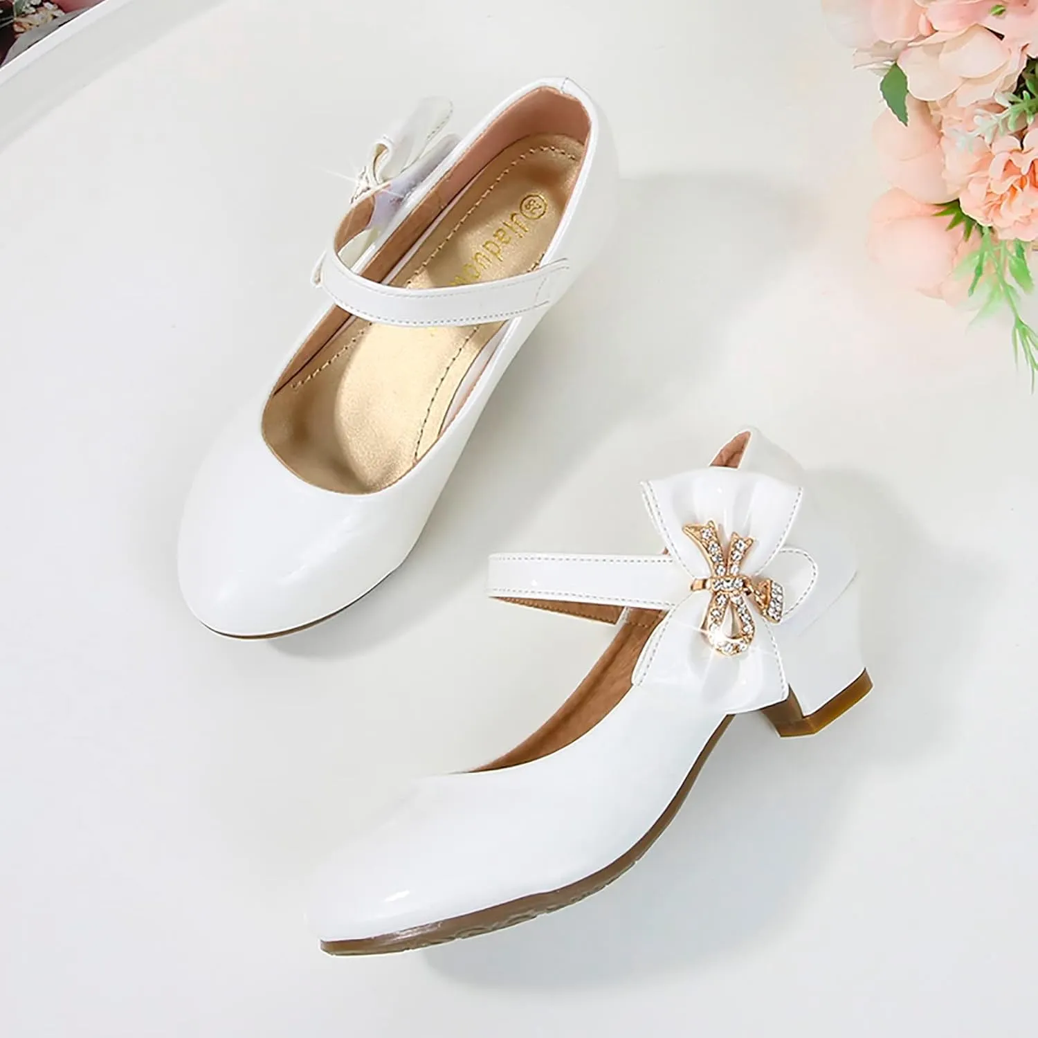 Girls Dress Shoes Pumps Mary Jane Shoes for Girls Low Heel with Bow Strap Dress Shoes for Wedding Party School