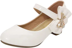 Girls Dress Shoes Pumps Mary Jane Shoes for Girls Low Heel with Bow Strap Dress Shoes for Wedding Party School