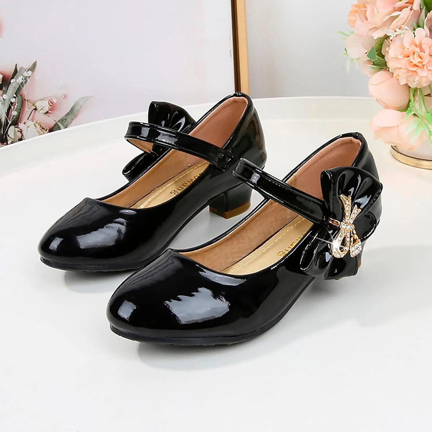 Girls Dress Shoes Pumps Mary Jane Shoes for Girls Low Heel with Bow Strap Dress Shoes for Wedding Party School