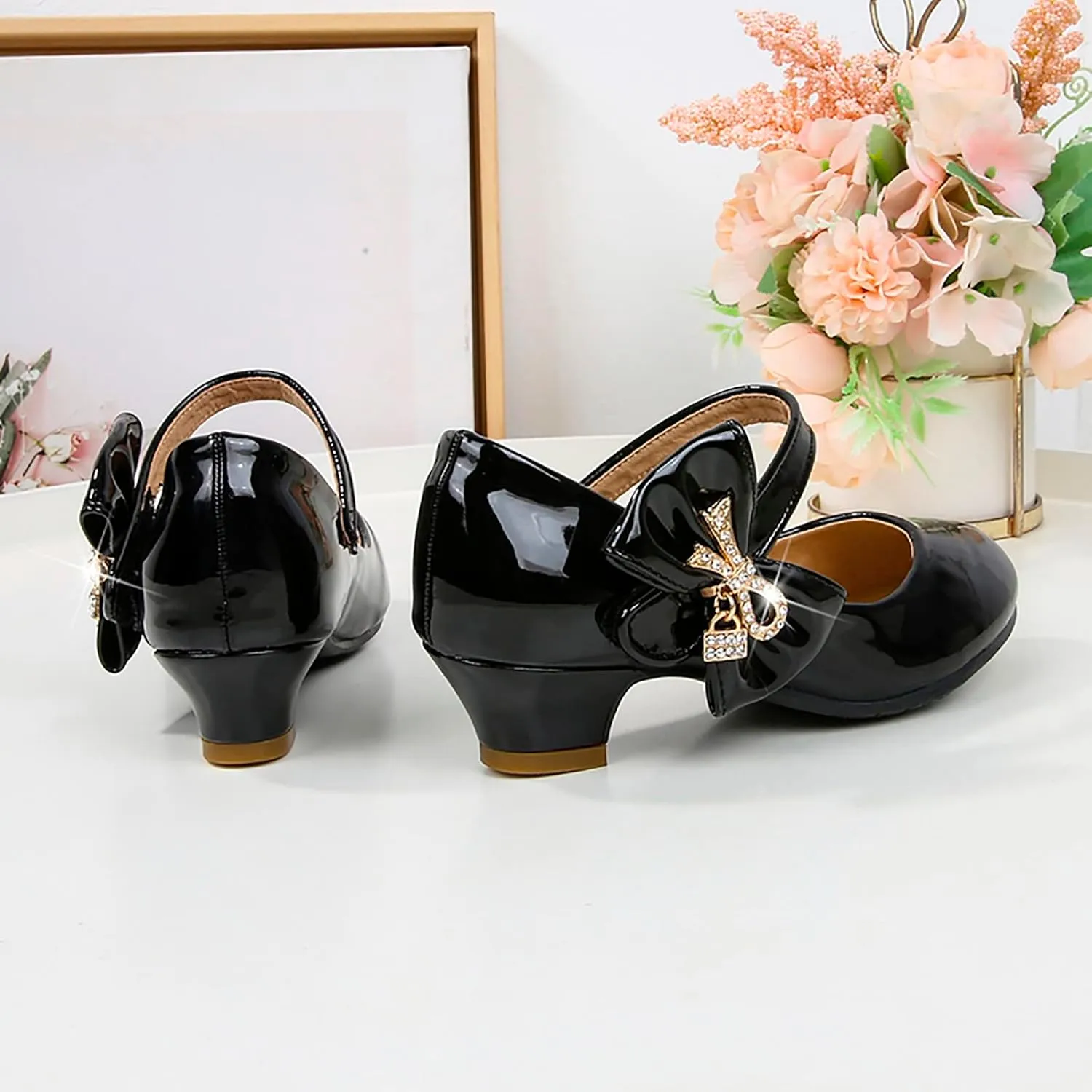 Girls Dress Shoes Pumps Mary Jane Shoes for Girls Low Heel with Bow Strap Dress Shoes for Wedding Party School