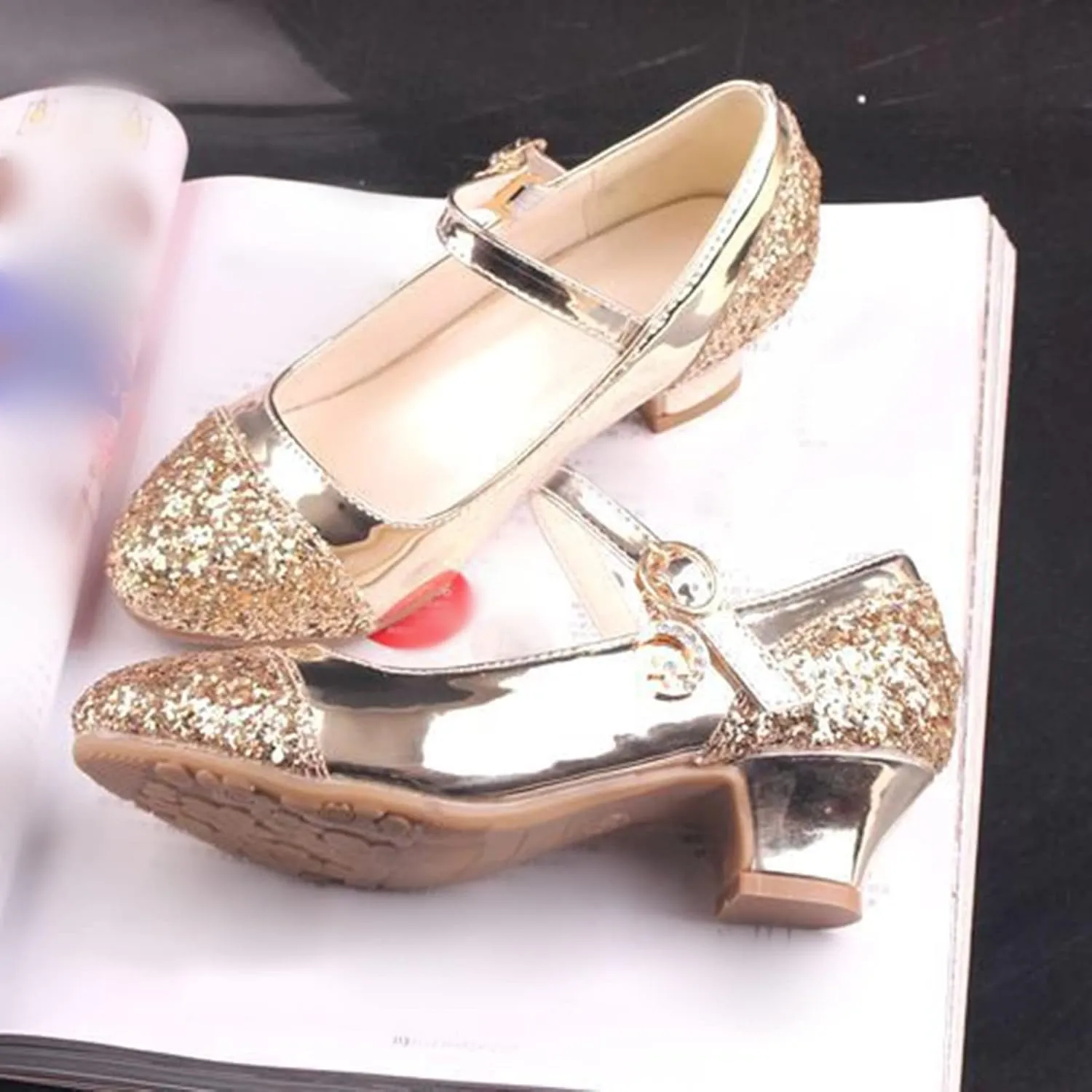 Girls Dress Shoes Toddler Princess Shoes Glitter Flower Little Girl Flat Mary Jane Low Heels for Party Wedding