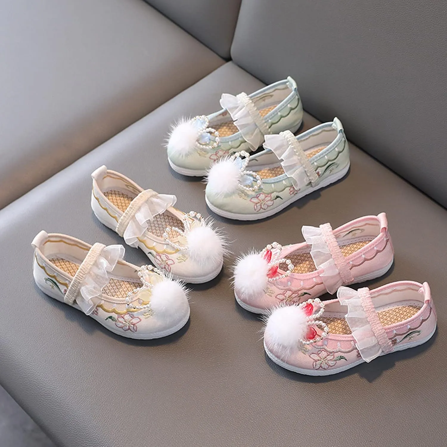 Girls Flat Bottom Bunny Embroidered Sandals Kids Chinese National Style Vintage Retro Toddler Traditional Slippers