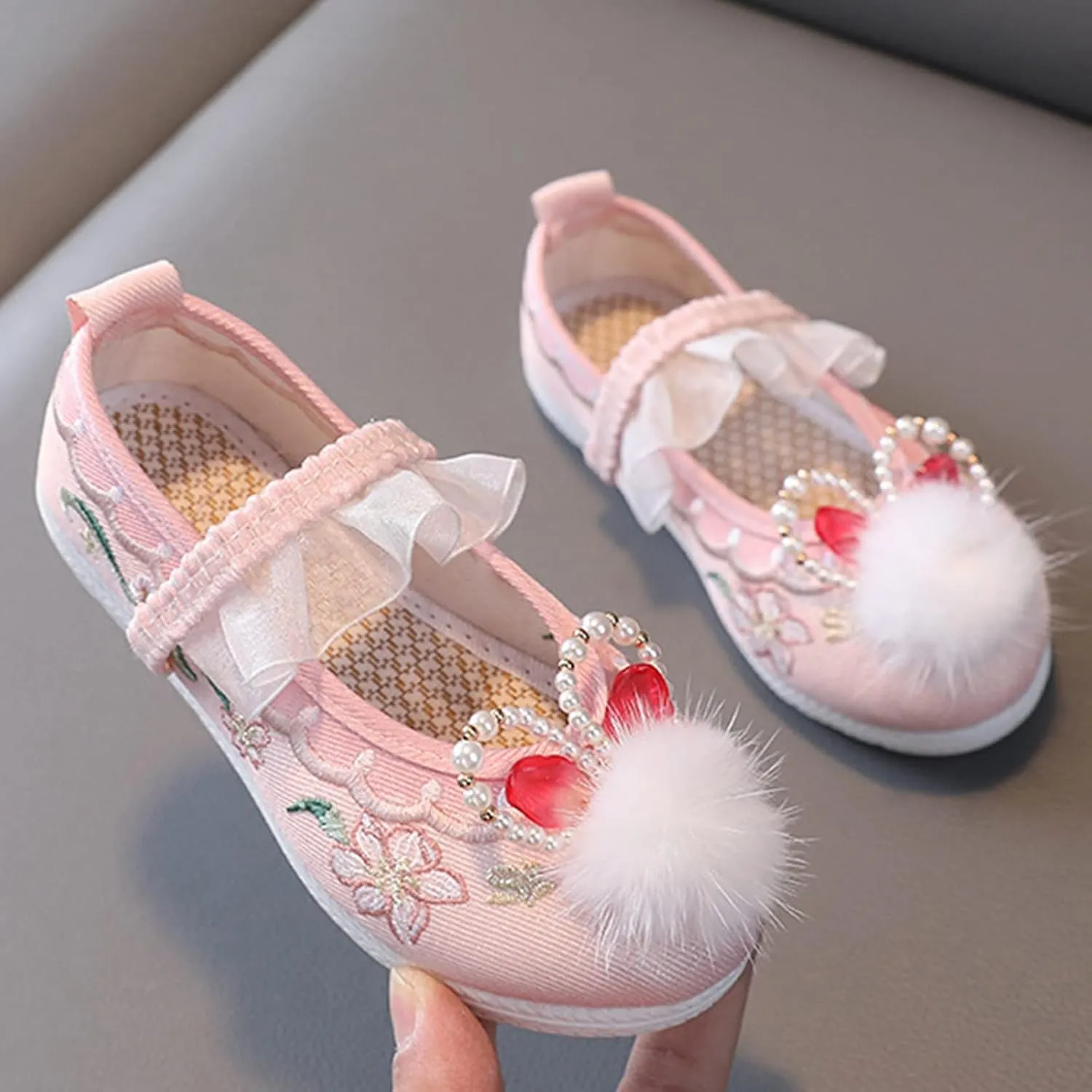 Girls Flat Bottom Bunny Embroidered Sandals Kids Chinese National Style Vintage Retro Toddler Traditional Slippers