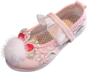 Girls Flat Bottom Bunny Embroidered Sandals Kids Chinese National Style Vintage Retro Toddler Traditional Slippers