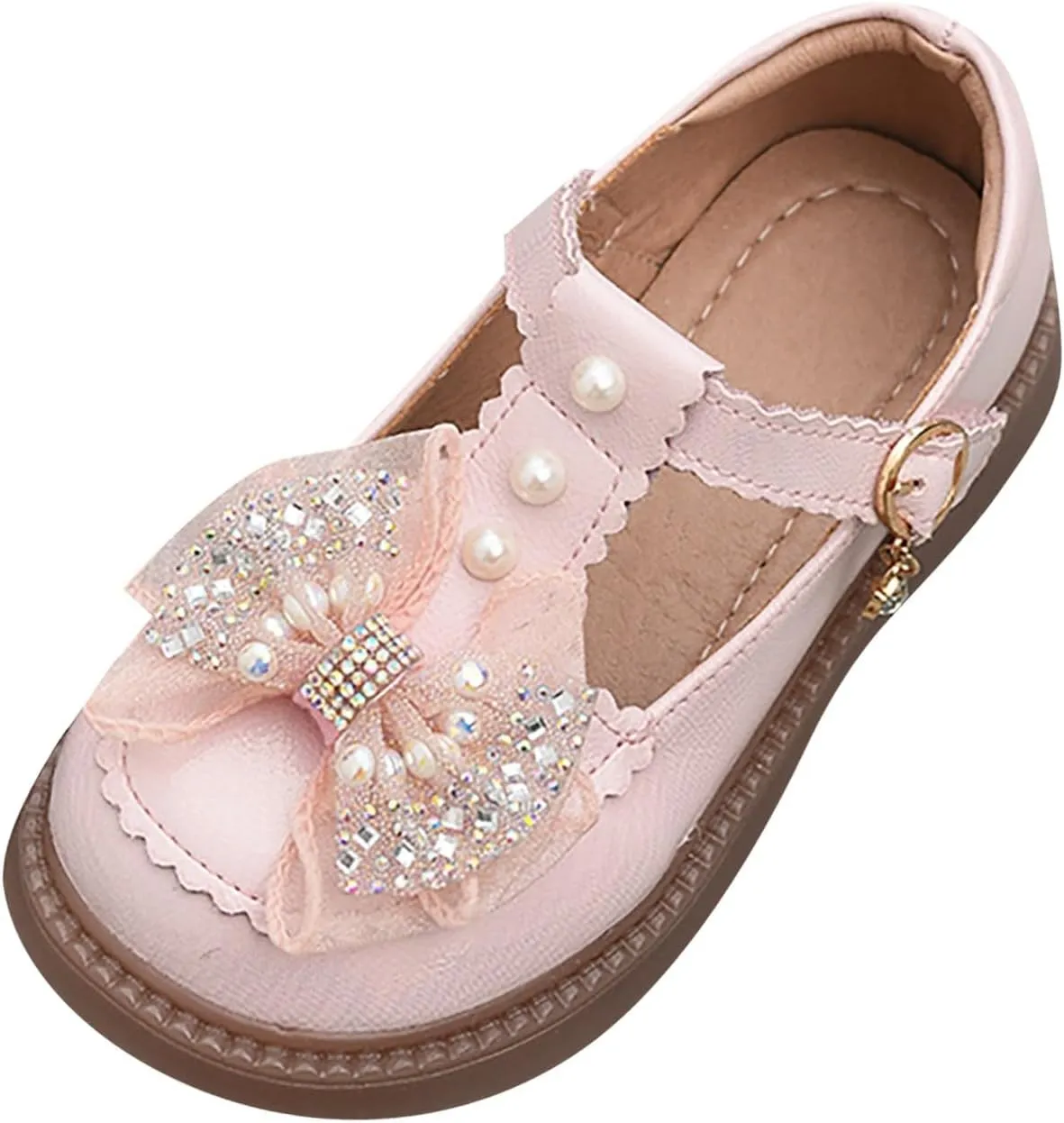 Girls Flat Pearl Rhinestone Bow Buckle Prom Party Dress Shoes Round Toe Chunky Barefoot Sandals for Little Girls