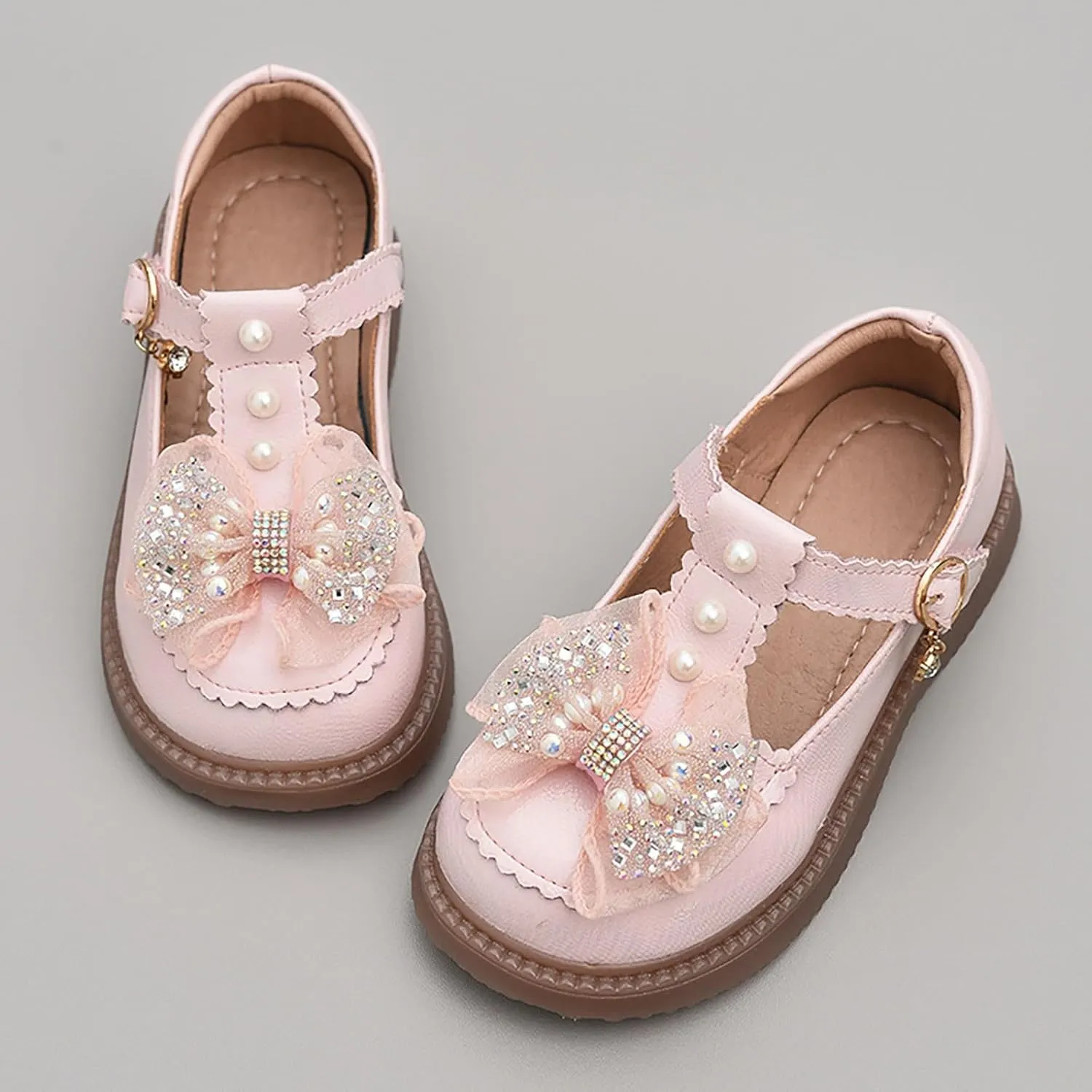 Girls Flat Pearl Rhinestone Bow Buckle Prom Party Dress Shoes Round Toe Chunky Barefoot Sandals for Little Girls