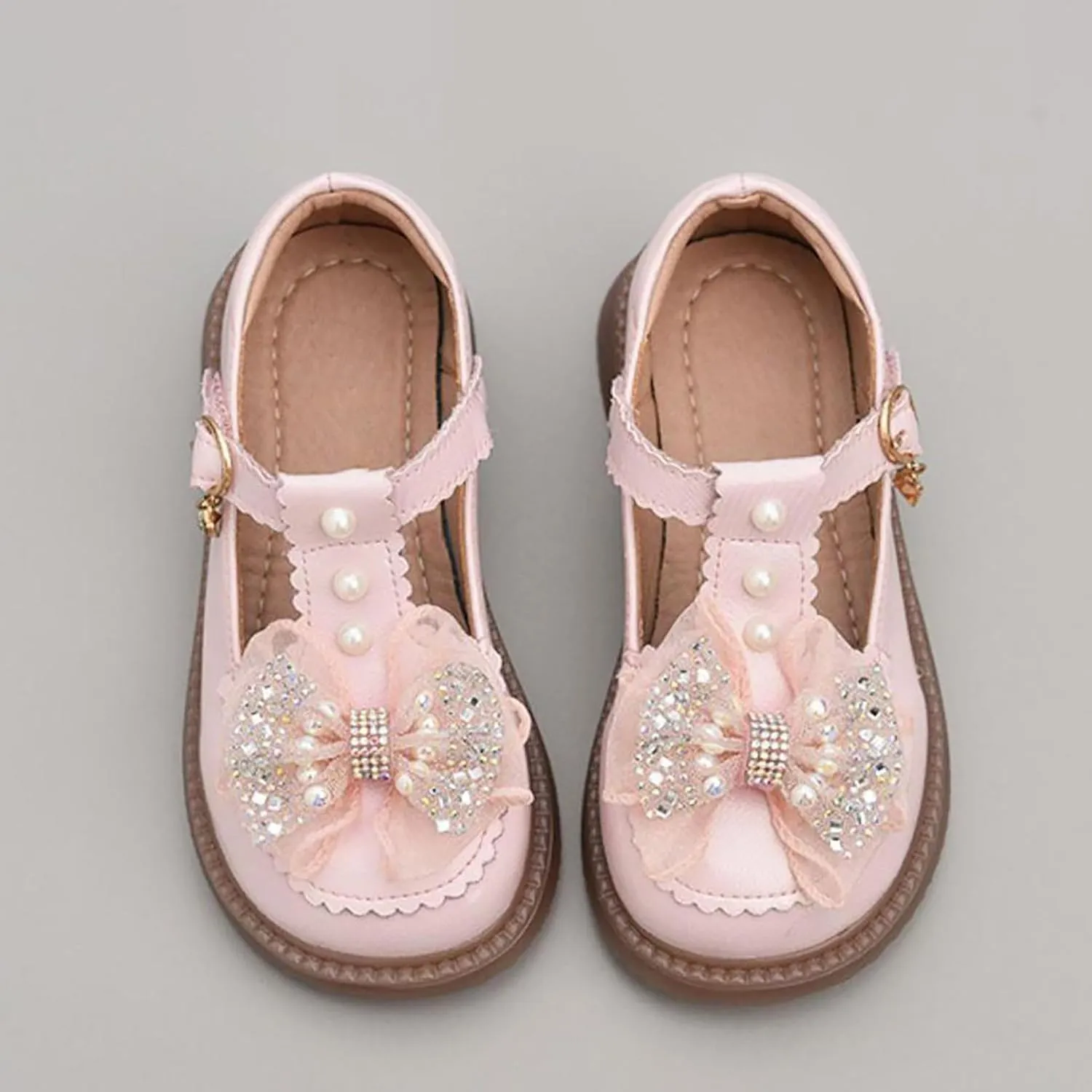Girls Flat Pearl Rhinestone Bow Buckle Prom Party Dress Shoes Round Toe Chunky Barefoot Sandals for Little Girls