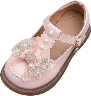 Girls Flat Pearl Rhinestone Bow Buckle Prom Party Dress Shoes Round Toe Chunky Barefoot Sandals for Little Girls