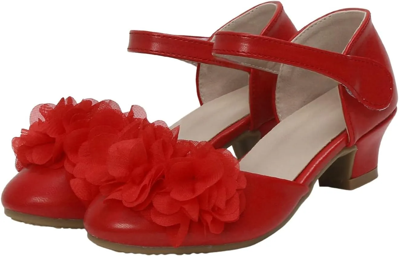 Girls Flower Sandal Girls High Heels Little Hollow Round Toe Thick Heels Silk Flower Princess Shoes Children's Dance Performance Shoes