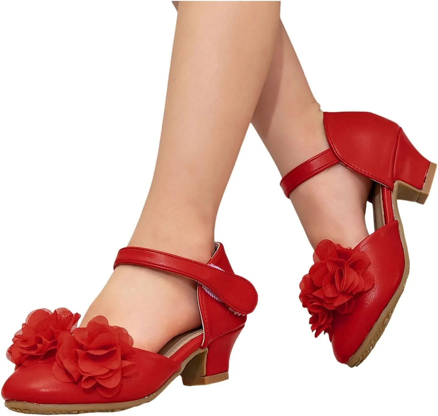 Girls Flower Sandal Girls High Heels Little Hollow Round Toe Thick Heels Silk Flower Princess Shoes Children's Dance Performance Shoes