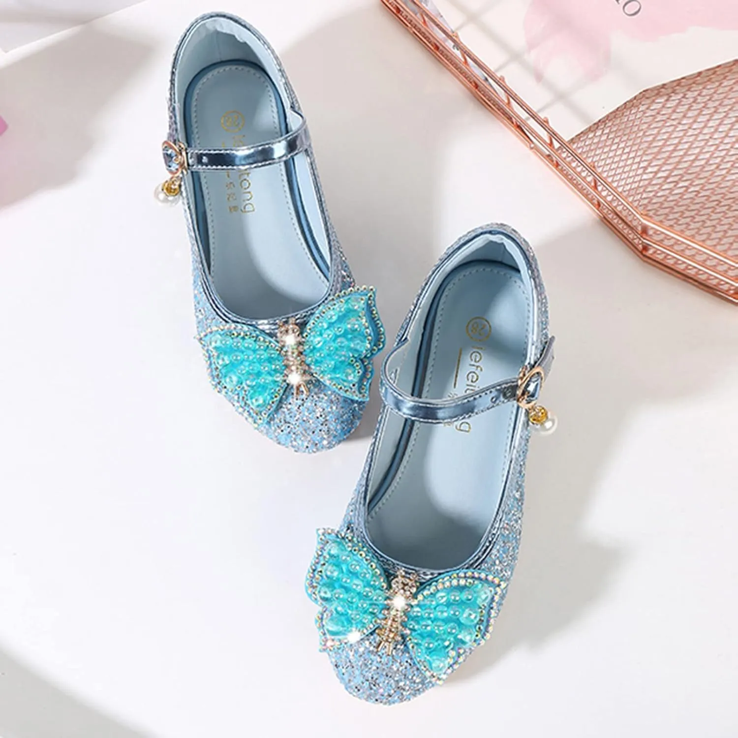 Girls Heels, Mary Jane Glitter Shoes, Bows Sequin Party Footwear Dress Shoes, Flower Girls Shoes for Wedding Party