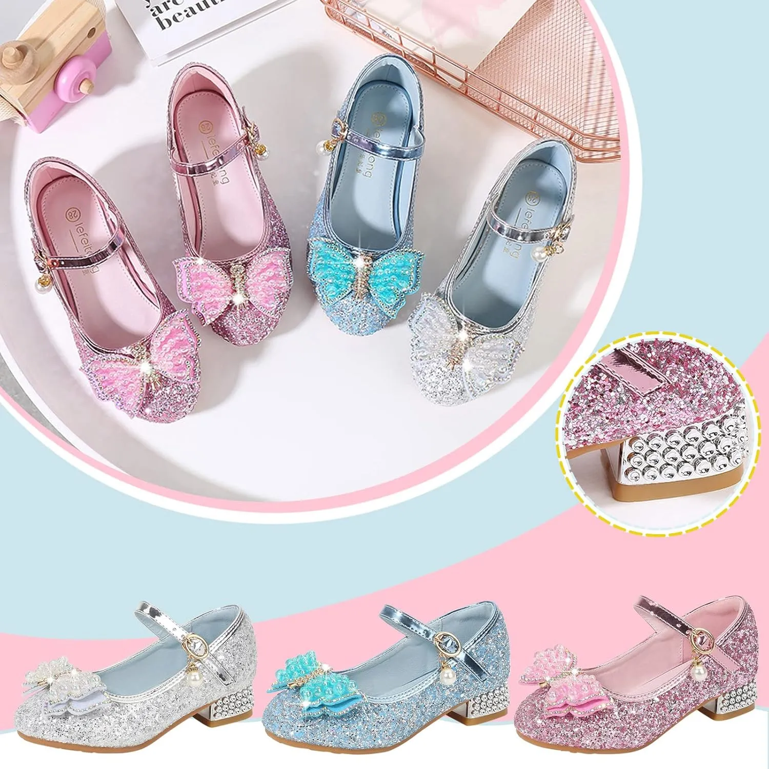 Girls Heels, Mary Jane Glitter Shoes, Bows Sequin Party Footwear Dress Shoes, Flower Girls Shoes for Wedding Party