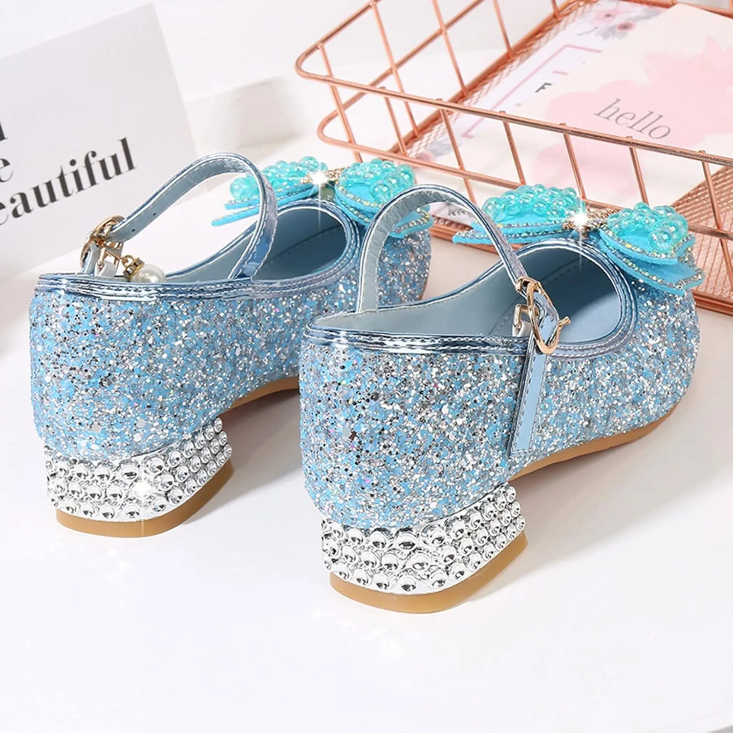 Girls Heels, Mary Jane Glitter Shoes, Bows Sequin Party Footwear Dress Shoes, Flower Girls Shoes for Wedding Party