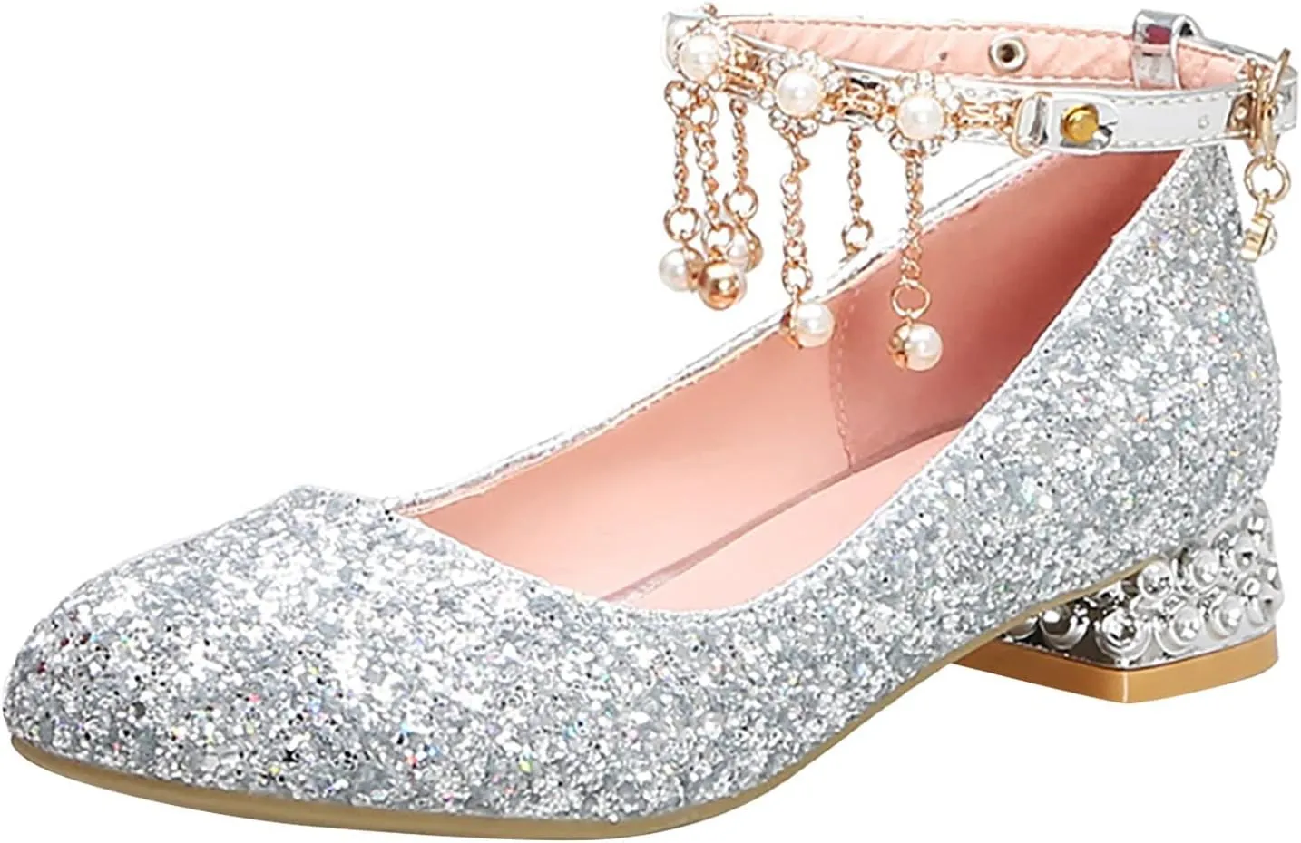 Girls Mary Jane Dress Shoes Rhinestones Pearls Flower Girl Wedding Low Heels Toddler Little Dress up Shoes for Girls