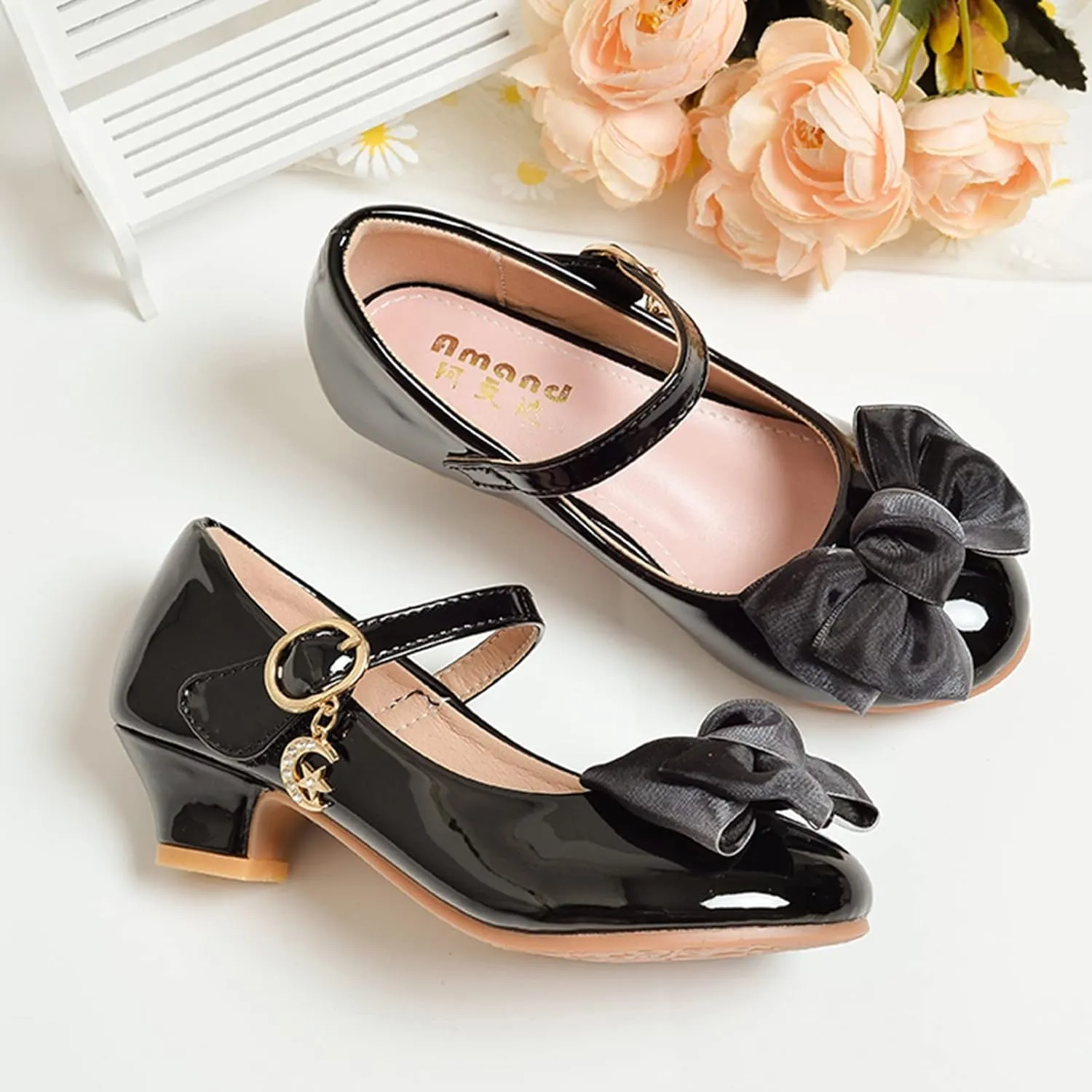 Girls Mary Jane Low Heel Dress Shoes Bows Flower Wedding School Uniform Part?? Toddler Little Kid Pump Shoes