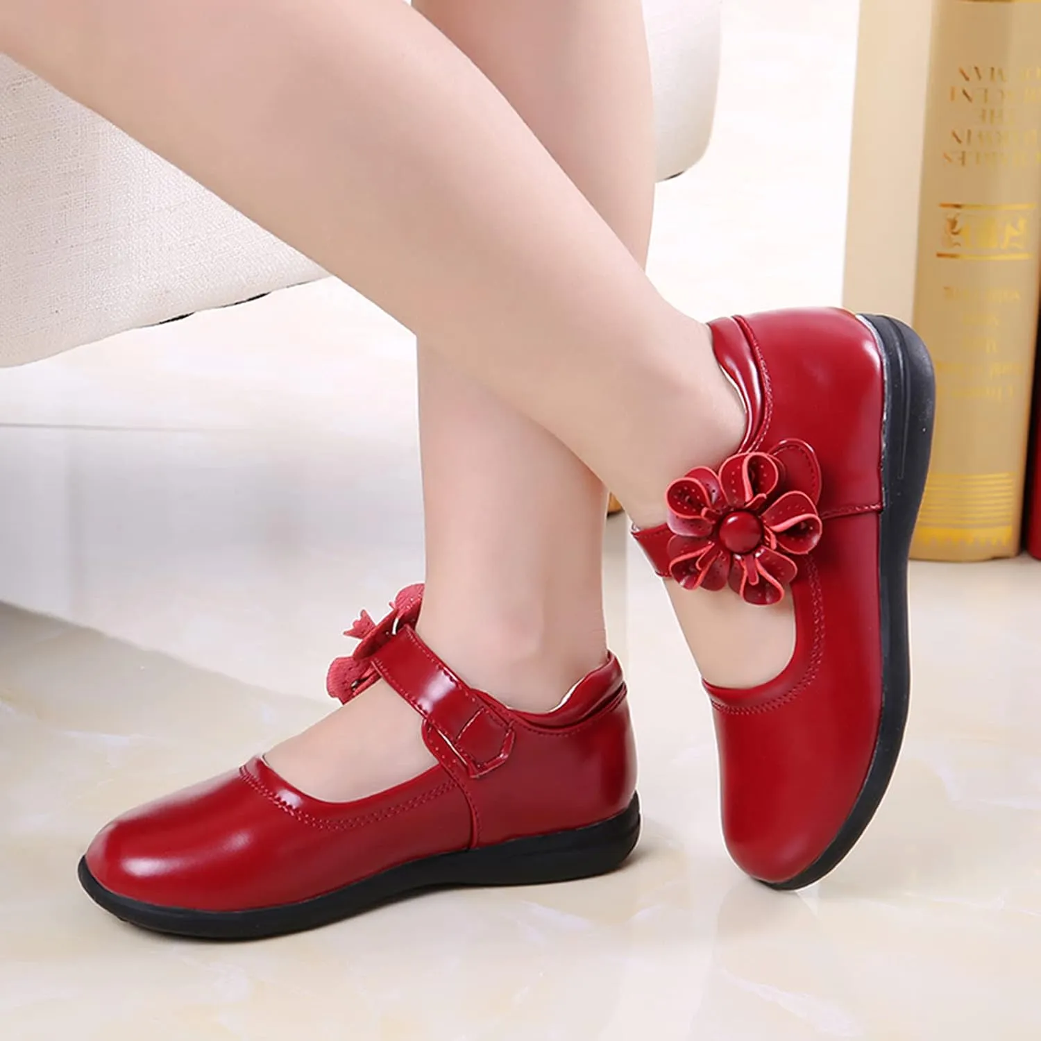 Girl's Mary Jane School niform Shoes Princess Non-Slip Hook and Loop Flower Flat for Birthday Wedding Pary