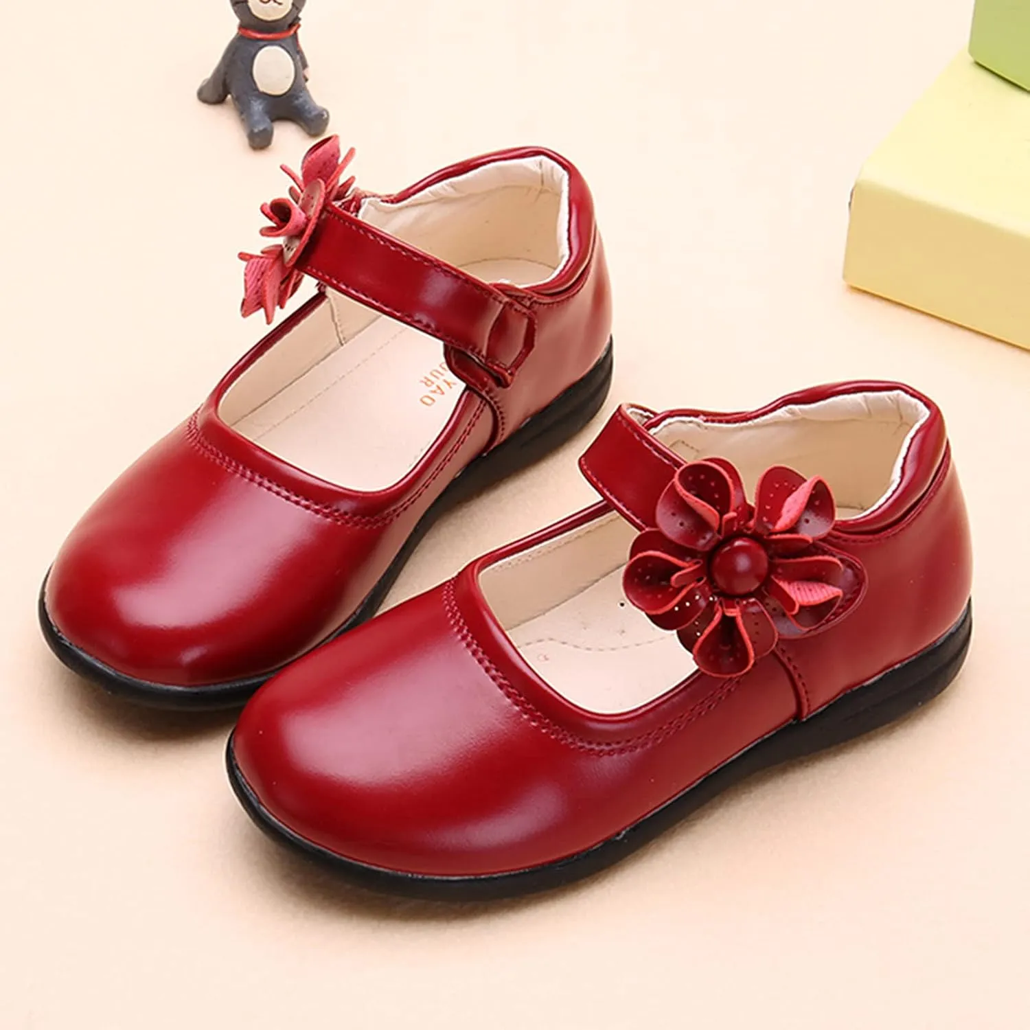 Girl's Mary Jane School niform Shoes Princess Non-Slip Hook and Loop Flower Flat for Birthday Wedding Pary