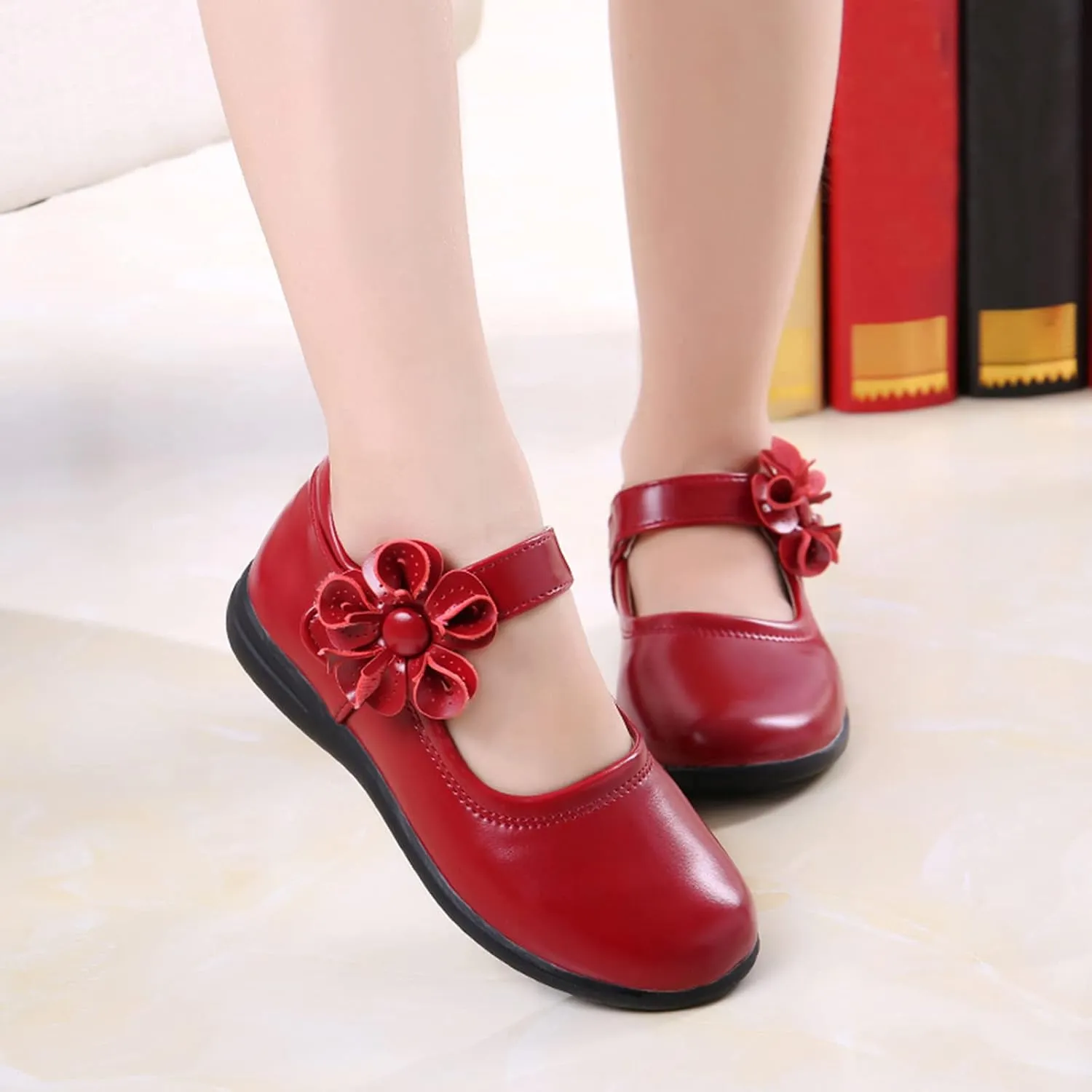 Girl's Mary Jane School niform Shoes Princess Non-Slip Hook and Loop Flower Flat for Birthday Wedding Pary