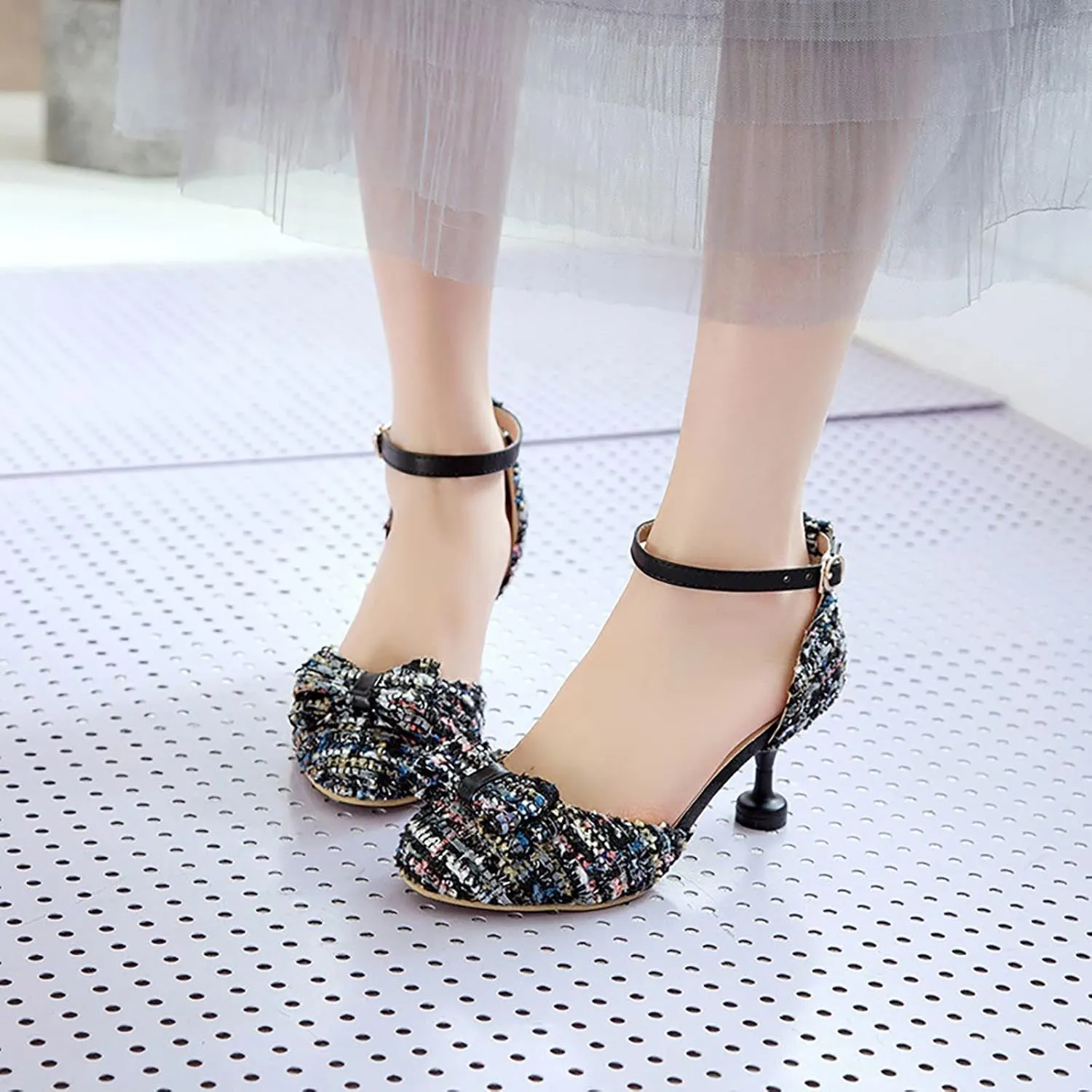Girl's Mary Jane Shoes Kids Cute Chunky High Heel Vintage Pumps with Bow Pointed Toe Sandals Dress Shoes Toddler