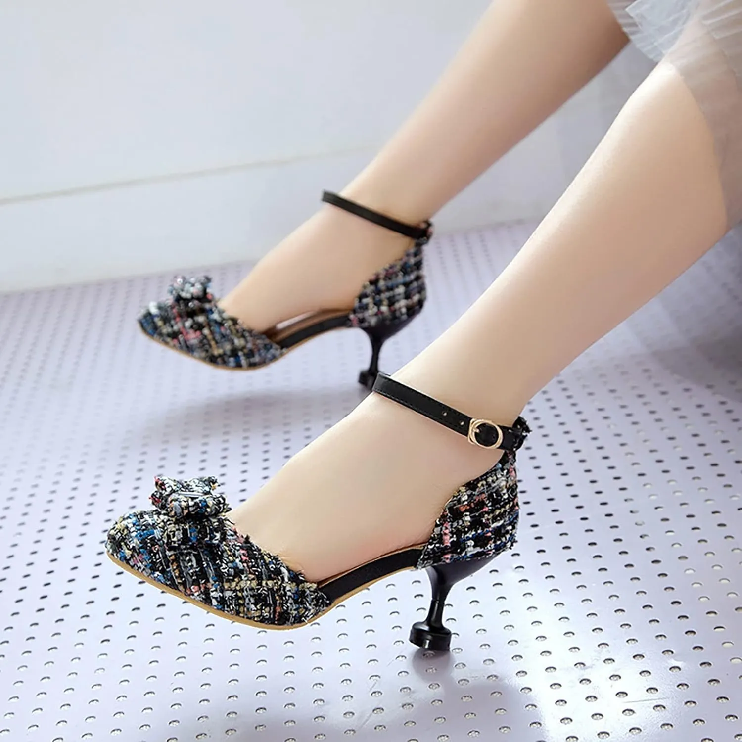 Girl's Mary Jane Shoes Kids Cute Chunky High Heel Vintage Pumps with Bow Pointed Toe Sandals Dress Shoes Toddler