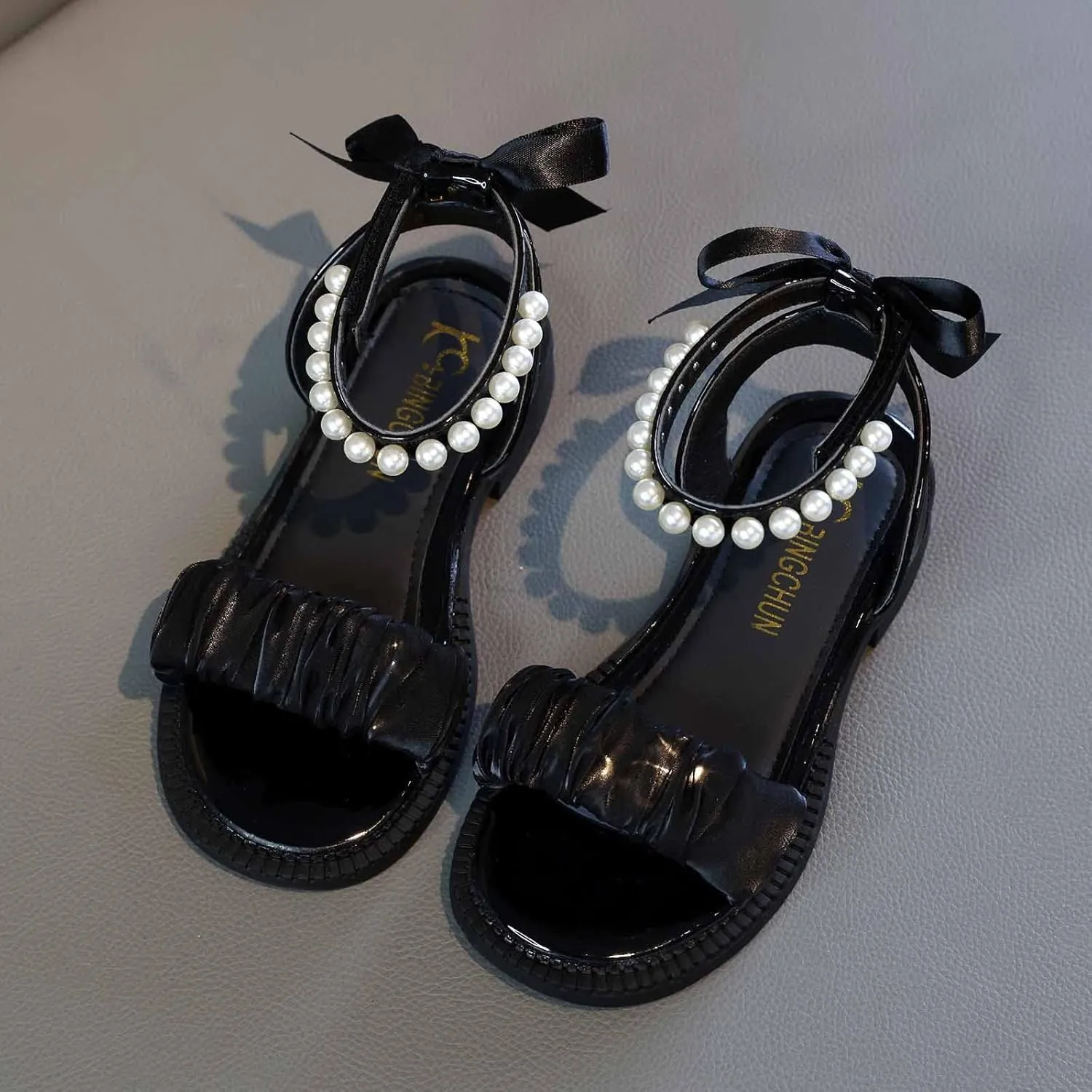 Girls Open Toe Pearl Ankle Strap Sandals 2025 Summer Kids Platform Dress Shoes Wedding Party Princess Dance Shoes