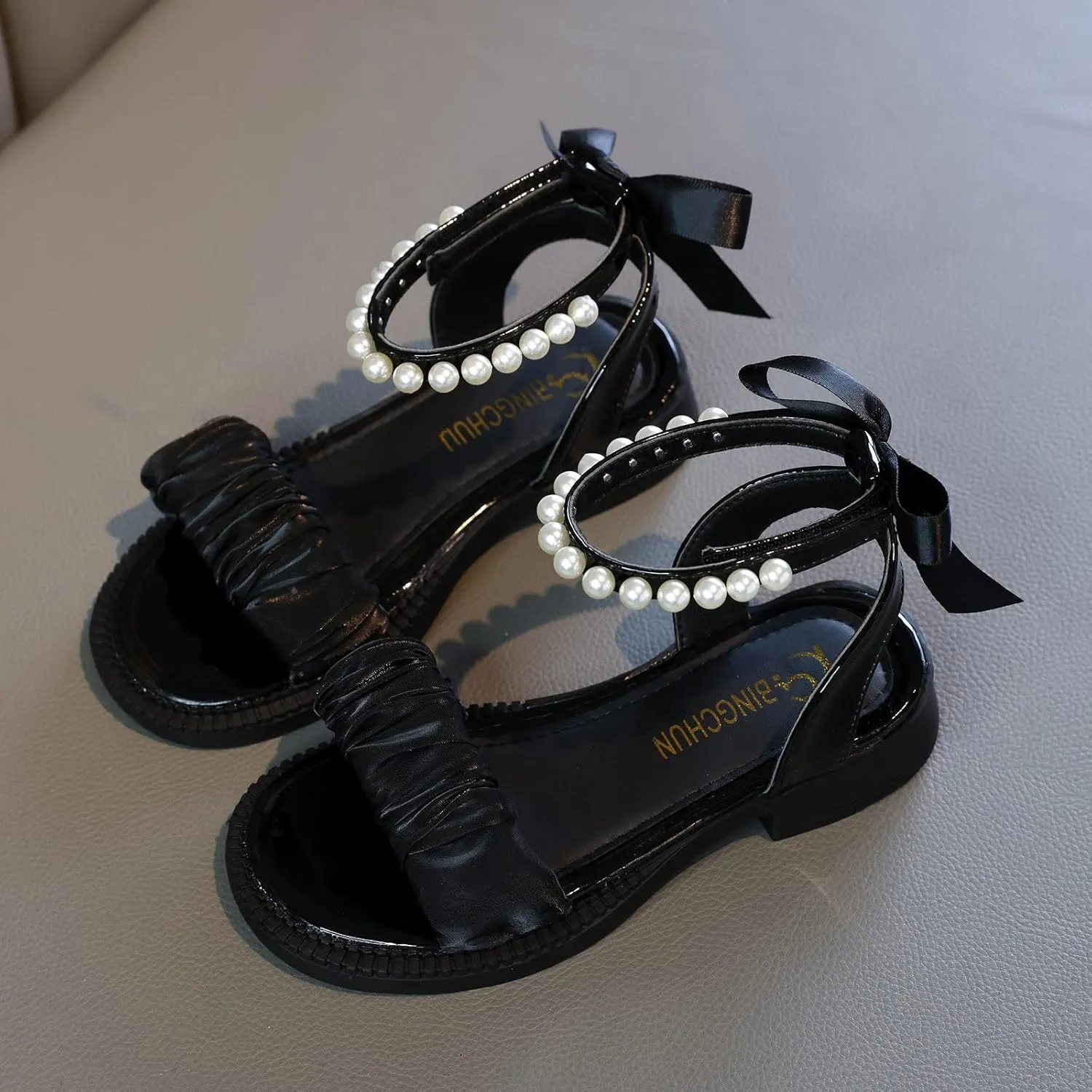 Girls Open Toe Pearl Ankle Strap Sandals 2025 Summer Kids Platform Dress Shoes Wedding Party Princess Dance Shoes