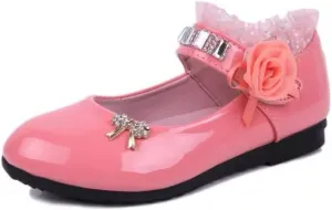 Girls Patent Leather Ballet Flats, Pink with Rose Flower, Rhinestone Bow, Lace Trim