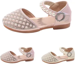 Girls Pearl Glitter Pageant Sandals Closed Toe Ankle Strap High Heel Non Slip Sandals Elegant Princess Wedding Shoes