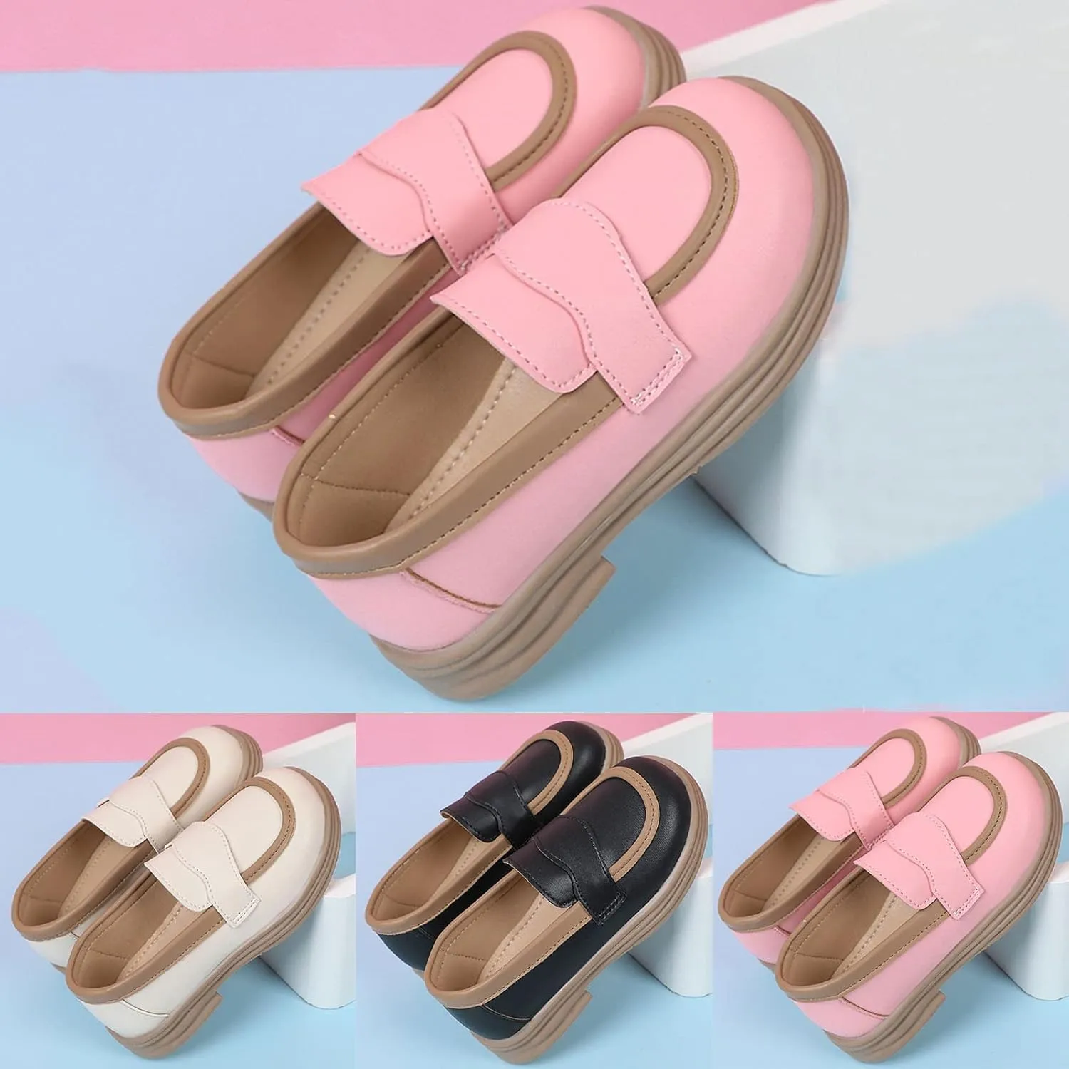 Girls PU Leather Loafers Mary Jane Oxford Shoes Chunky Heel Flat Toddler Uniform Platform for School Part Wedding