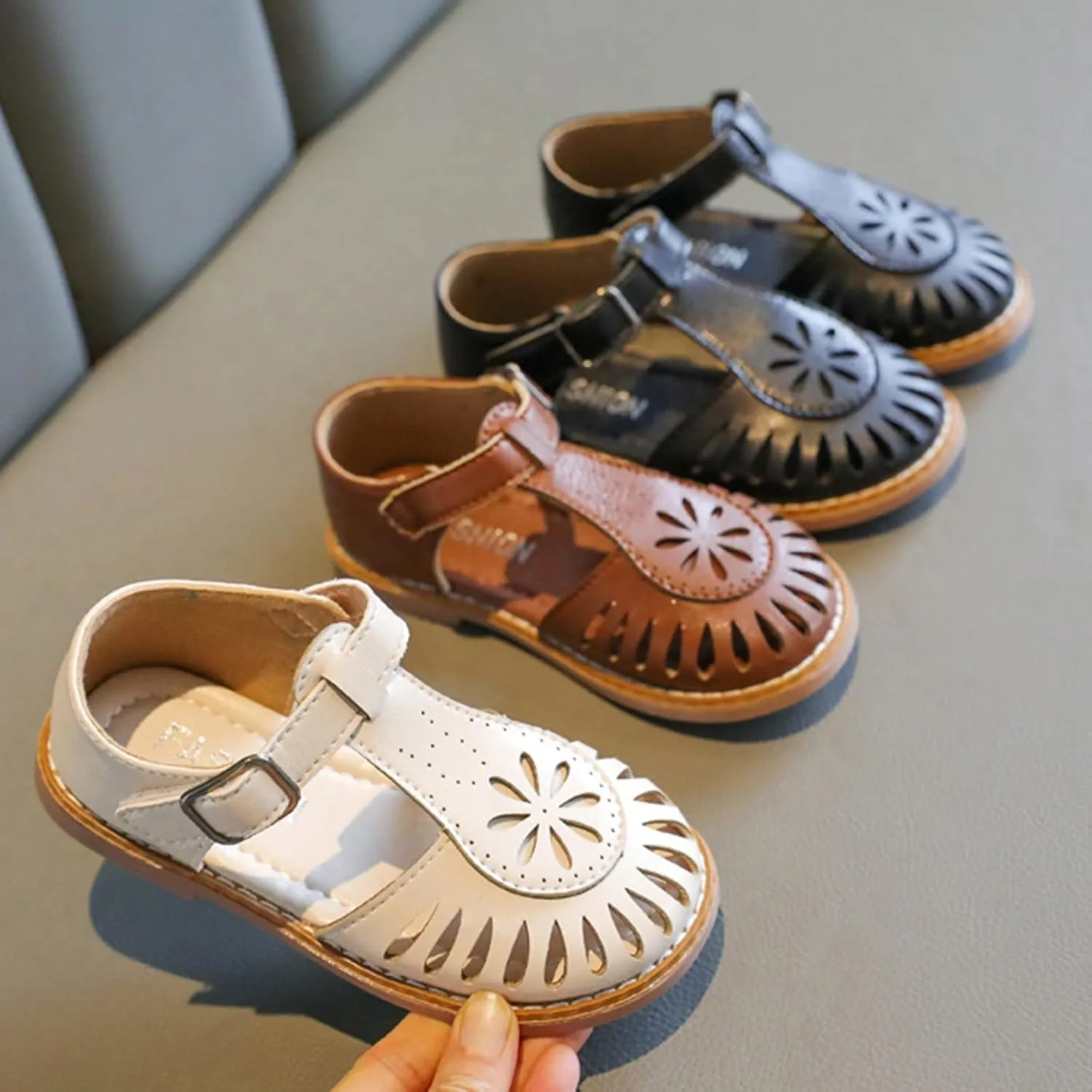 Girl's T-Strap School ??niform Dress Shoes Closed-Toe Mary Jane Flat Cutout Flower Sandal Sandals for Toddler Kids