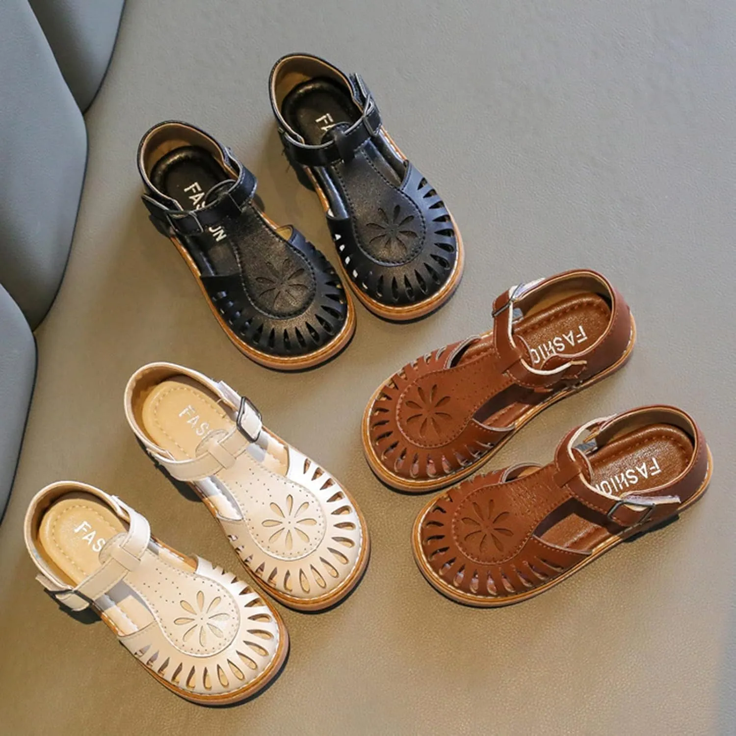 Girl's T-Strap School ??niform Dress Shoes Closed-Toe Mary Jane Flat Cutout Flower Sandal Sandals for Toddler Kids