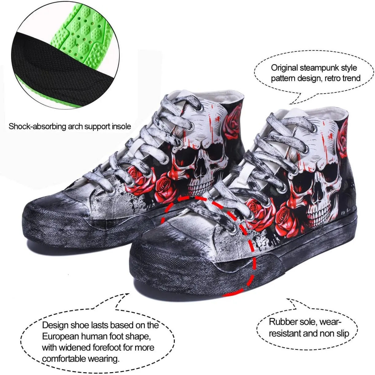 Gothic Skull Shoes for Women Fashion Sneakers Men's Hand-Painted Graffiti Shoes Punk Cosplay Hip Hop Teen Boys Girls Student Casual Walking Streetwear