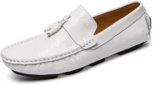 HOOENG Driving Moccasins Smoking Loafer for Men Genuine Leather Round Toe Tassel Patent Leather Hexagon Embossed Comfortable Resistant Flat Heel Soft Casual (Color : White, Size : 7.5 M US)