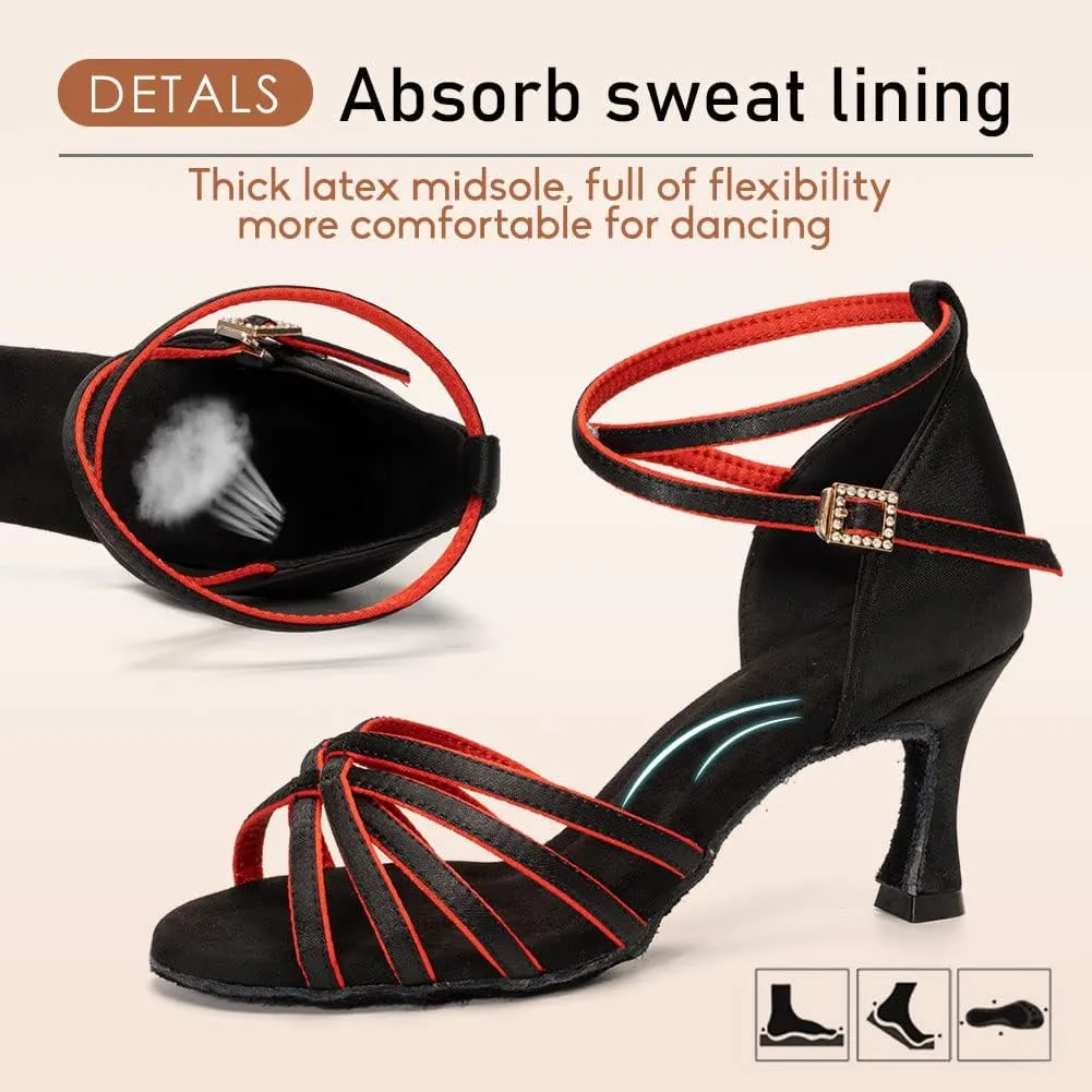HROYL Women's Latin Dance Shoes Satin Professional Ballroom Salsa Practice Performance Dance Shoes EM-213