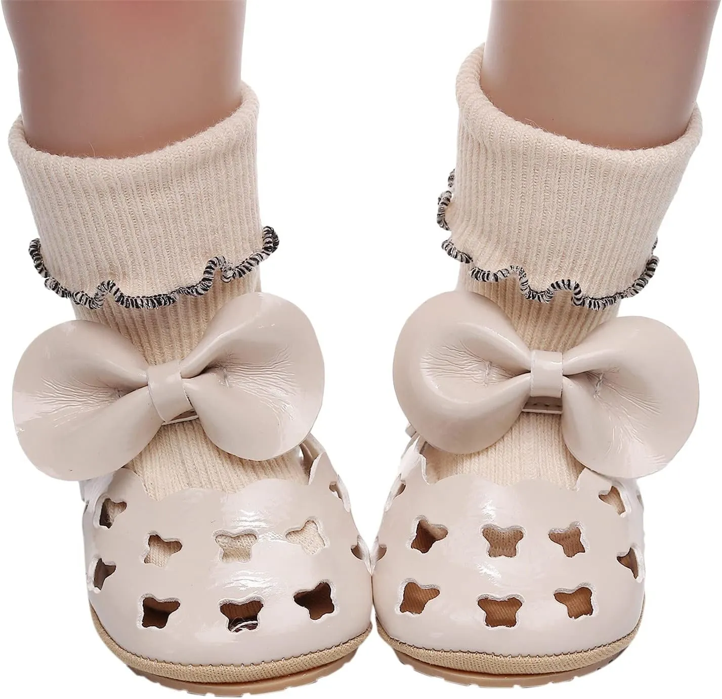 Infant Girls Hollow Out Bowknot Dress Shoes Lightweight Breathable Non-Slip Soft Sole Flat Cute Mary Jane Sandals