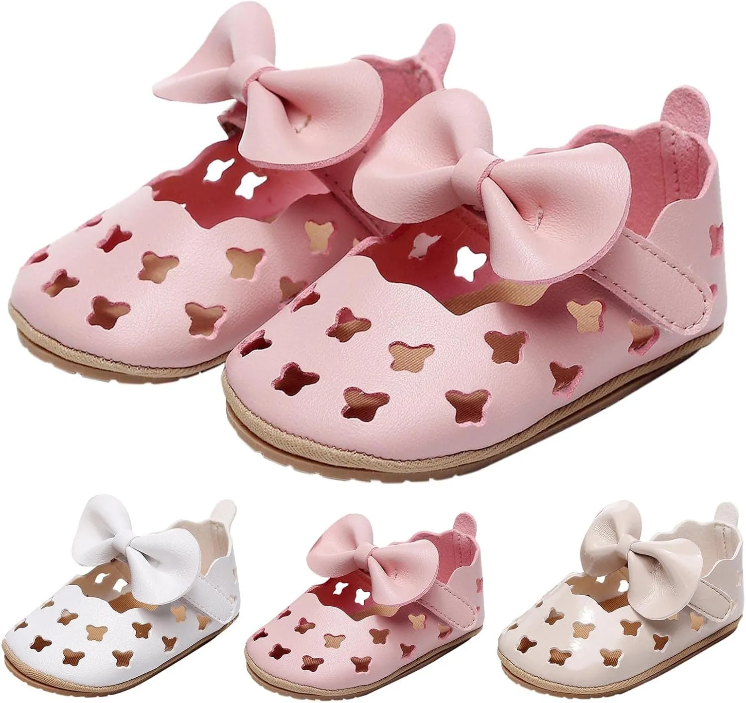 Infant Girls Hollow Out Bowknot Dress Shoes Lightweight Breathable Non-Slip Soft Sole Flat Cute Mary Jane Sandals
