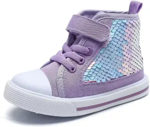 JOEupin Toddler Unisex Classic Sequins Canvas Sneaker High Top Slip On Denim Glitter Casual Shoe Sparkle Flip Walking Shoes