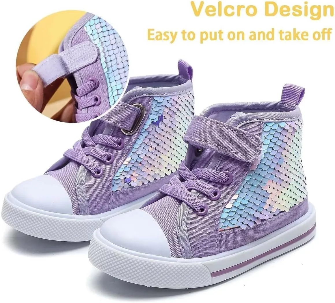 JOEupin Toddler Unisex Classic Sequins Canvas Sneaker High Top Slip On Denim Glitter Casual Shoe Sparkle Flip Walking Shoes