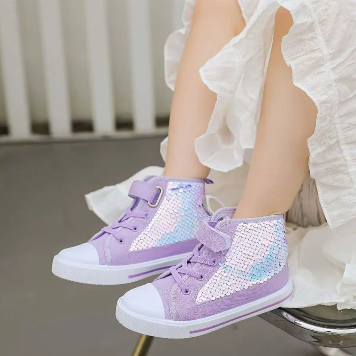JOEupin Toddler Unisex Classic Sequins Canvas Sneaker High Top Slip On Denim Glitter Casual Shoe Sparkle Flip Walking Shoes