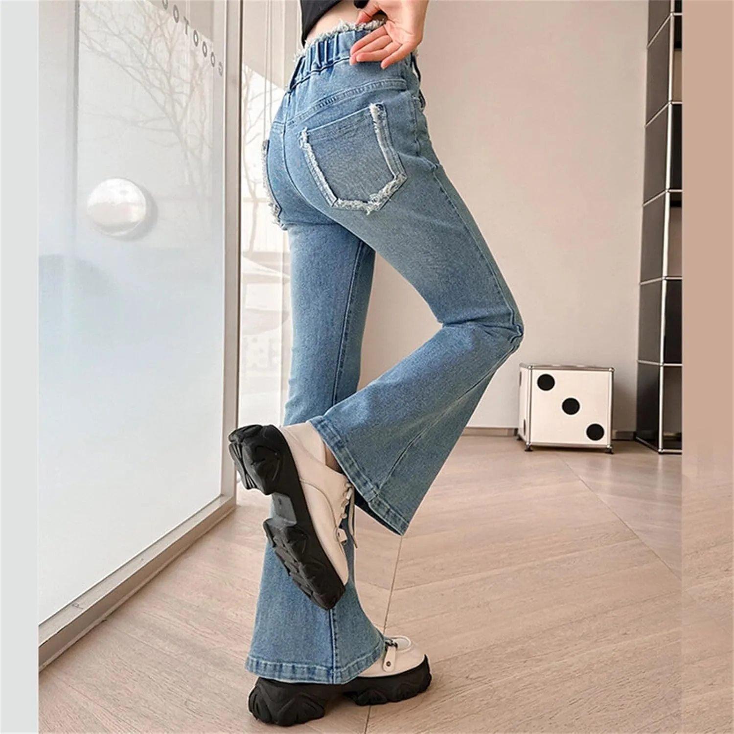 Kids Girls Flare Jeans Elastic High Waist Wide Leg Bootcut Denim Pants with Pockets Slim Fit Y2k Streetwear Trousers Jeans